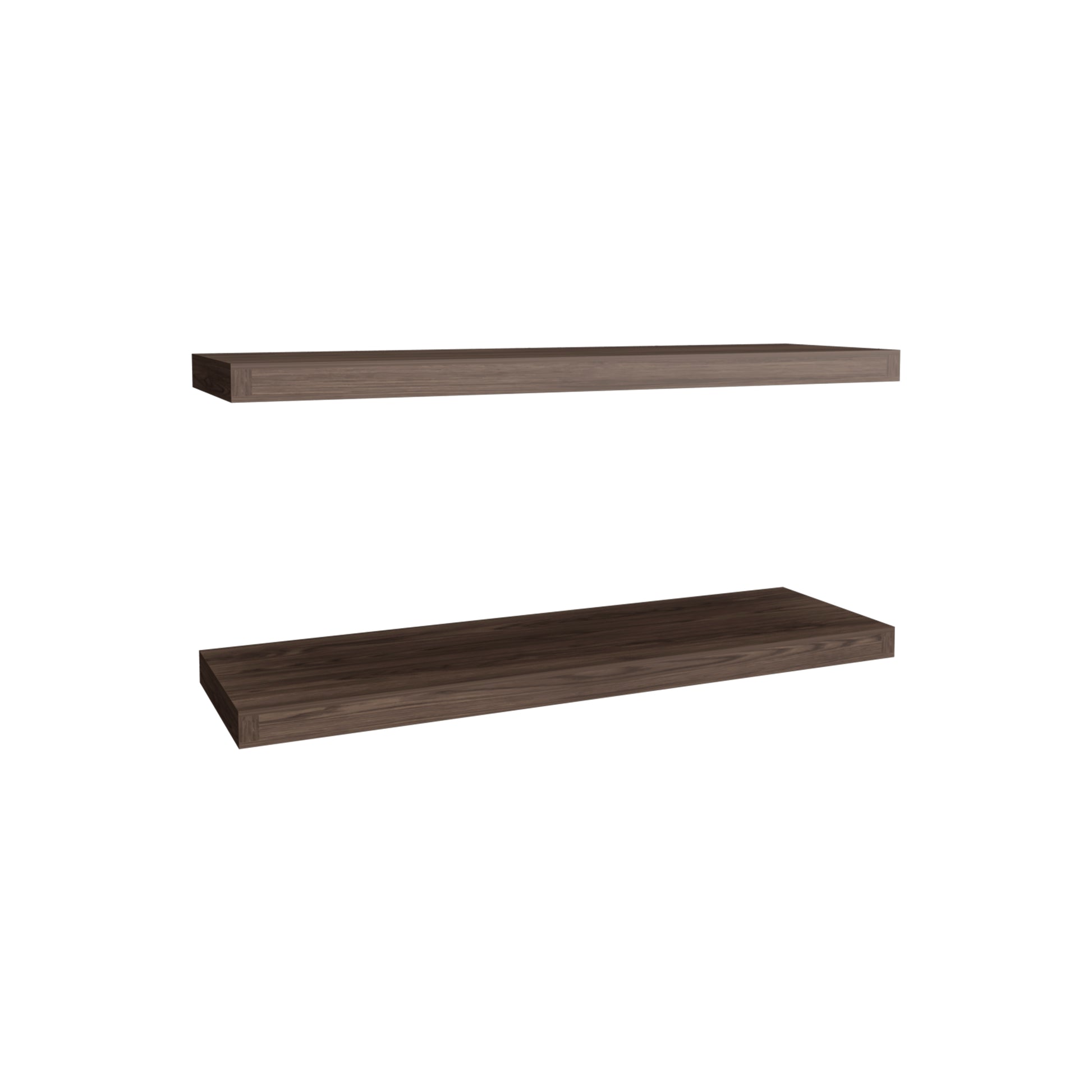 Dark walnut floating shelf with clean lines and hidden mounting
