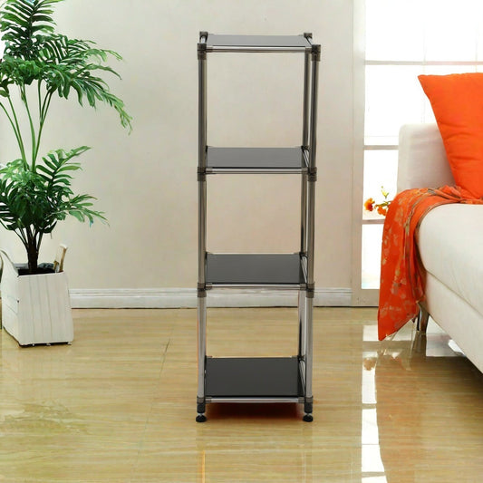 Fourtier chrome metal shelving unit with black shelves