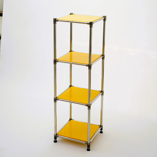 Yellow acrylic fourtier shelving unit with chrome frame
