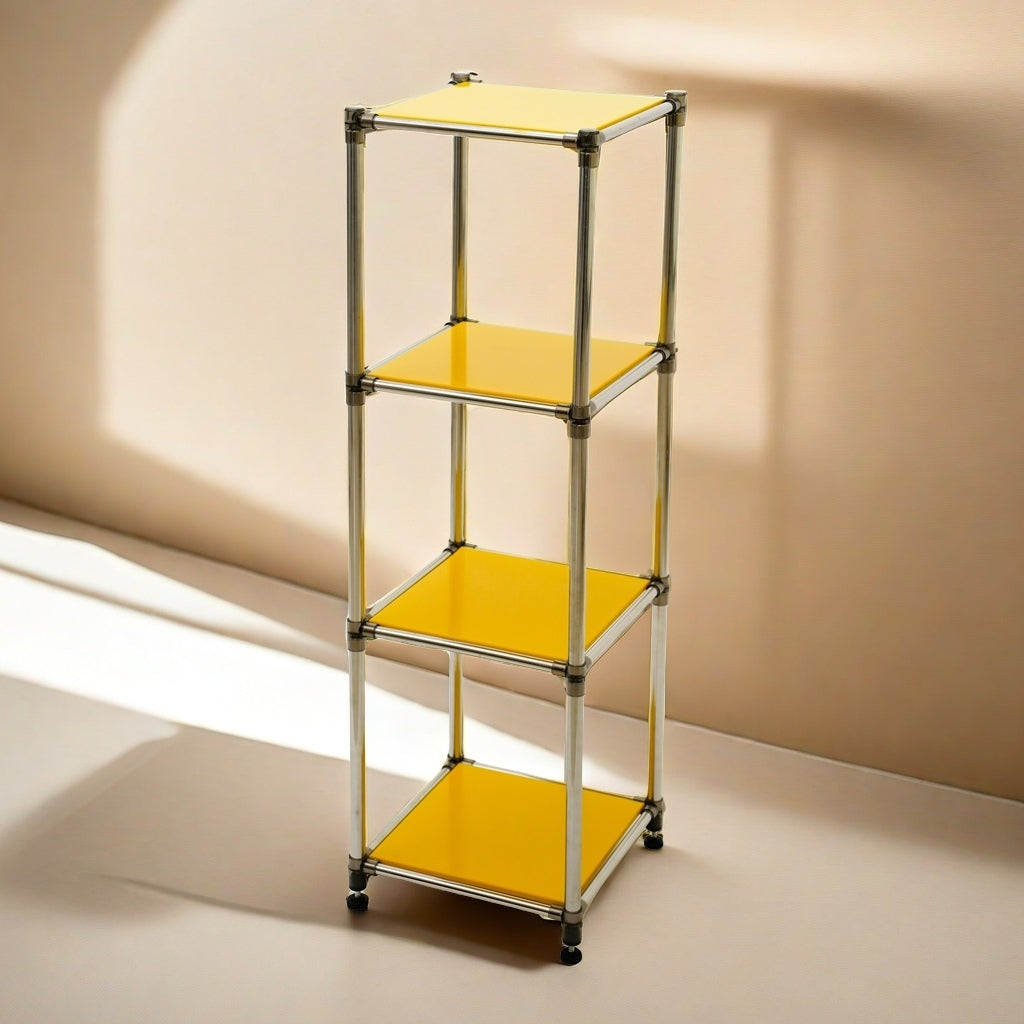 Yellow tier metal shelf unit with glossy shelves