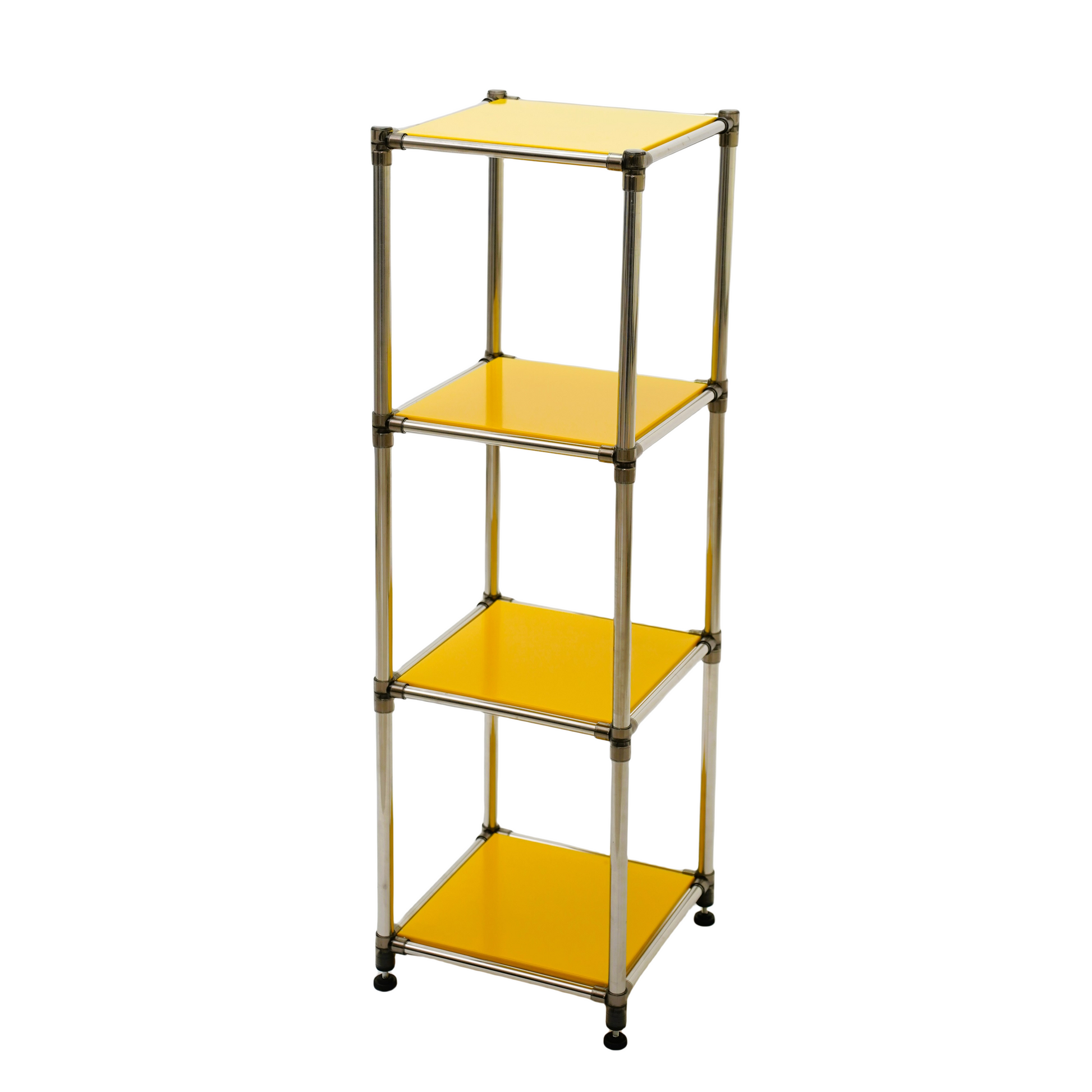 Yellow tier modular shelf with chrome legs and dark gray connectors