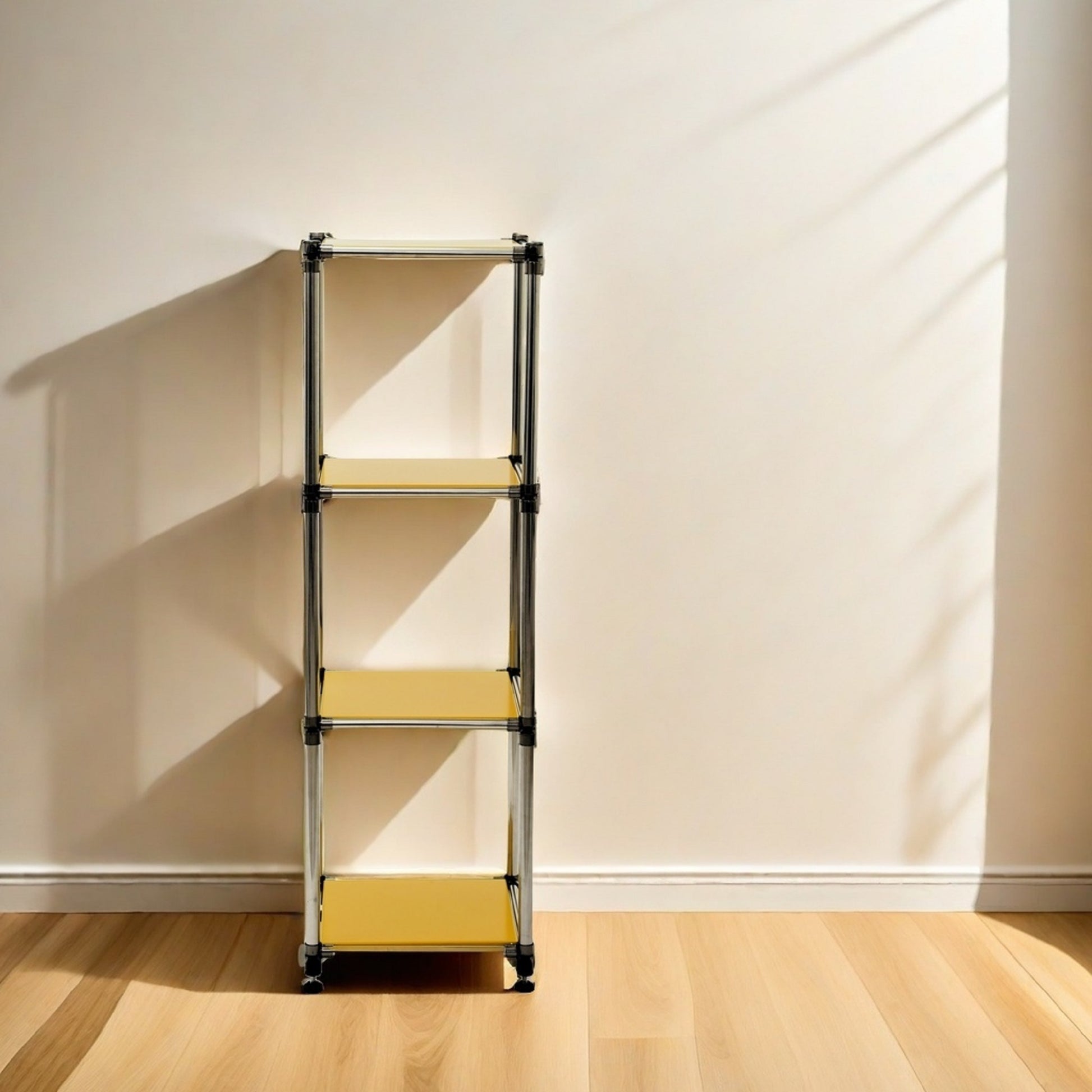Silver metal shelving unit with yellow shelves