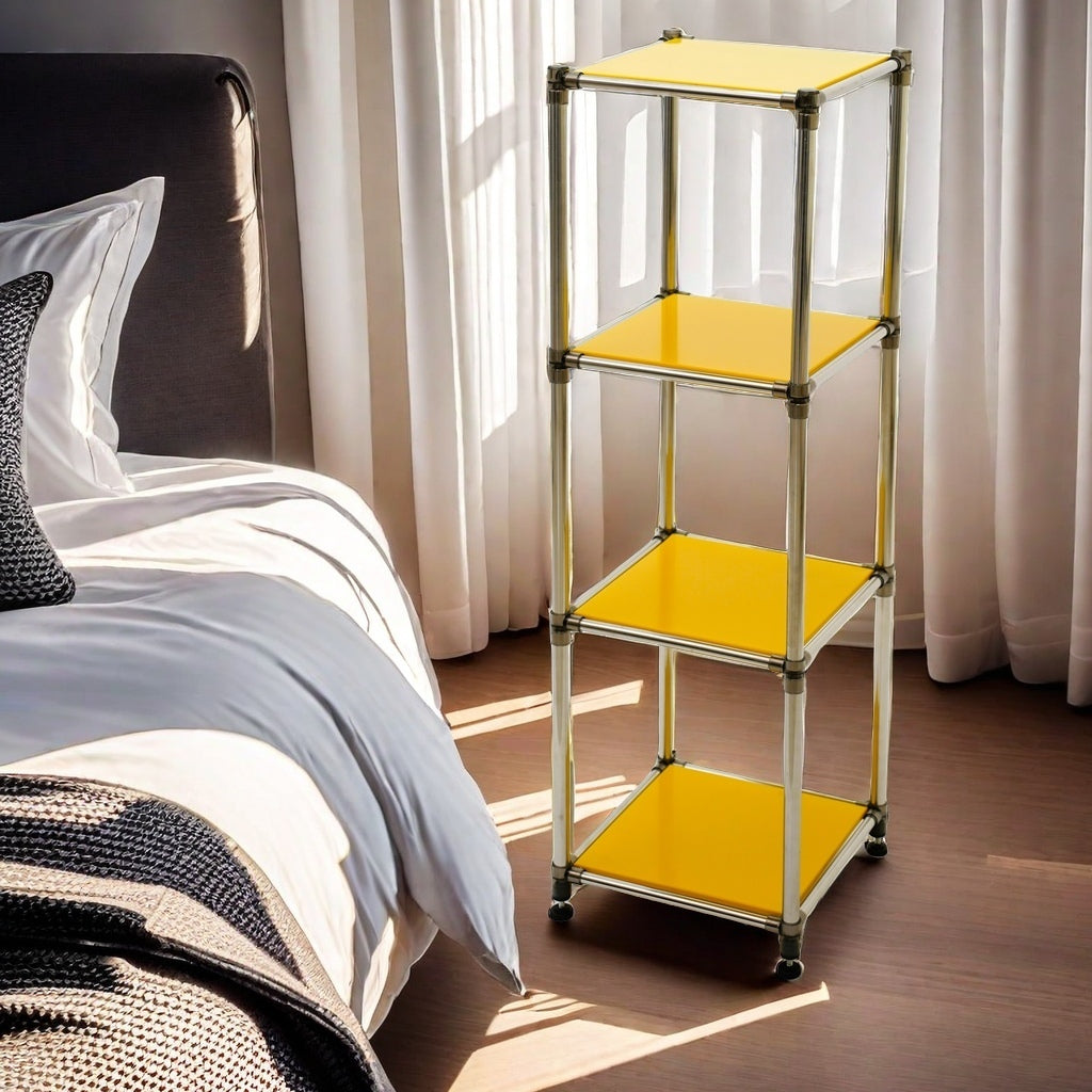 Modern yellow metal shelving unit with three tiers