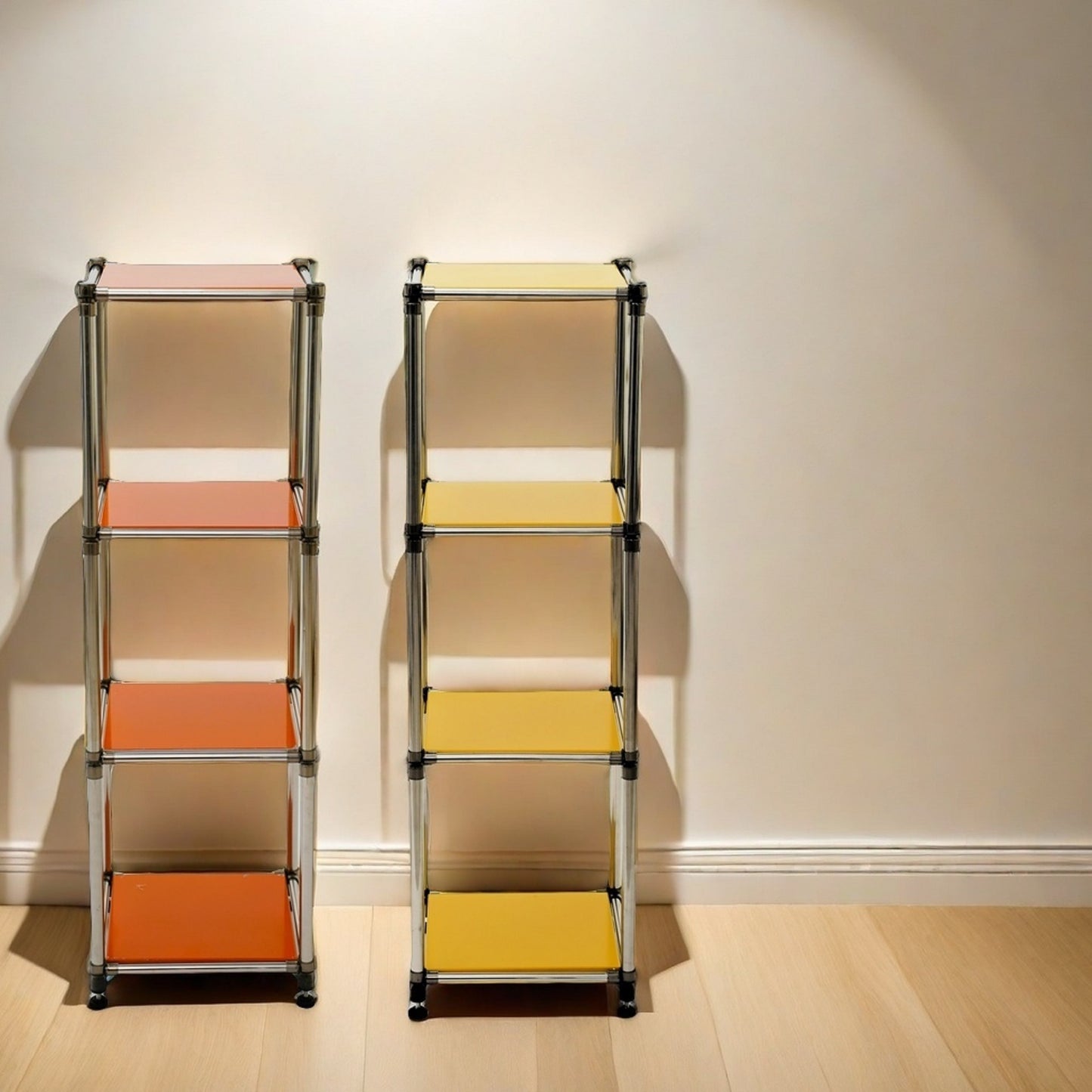 Orange modular shelving unit with chrome frame and wheels