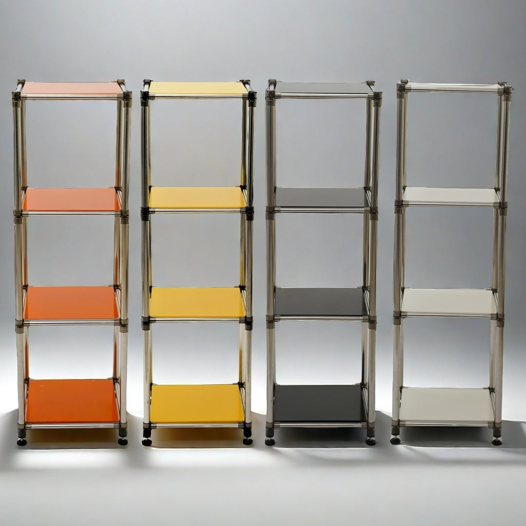 Orange modular shelving unit with chrome frame and wheels