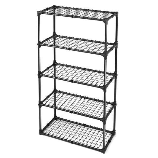 Black fivetier wire shelving unit with grid shelves and black metal frame