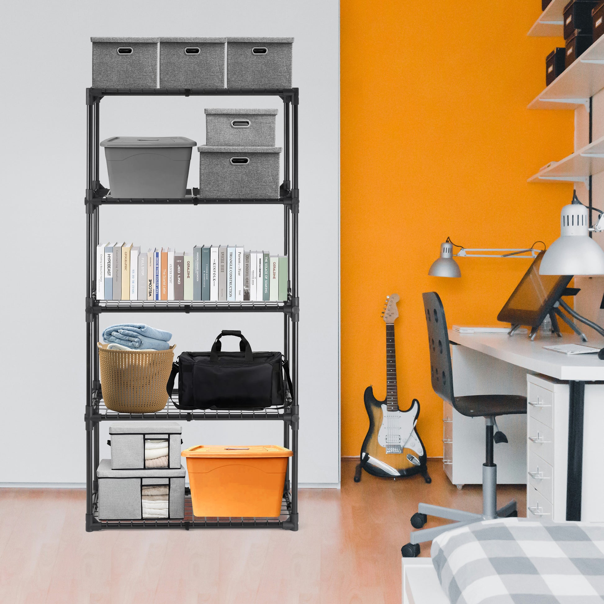 Gray fabric storage bins with oval handles on top shelf of wire shelving unit