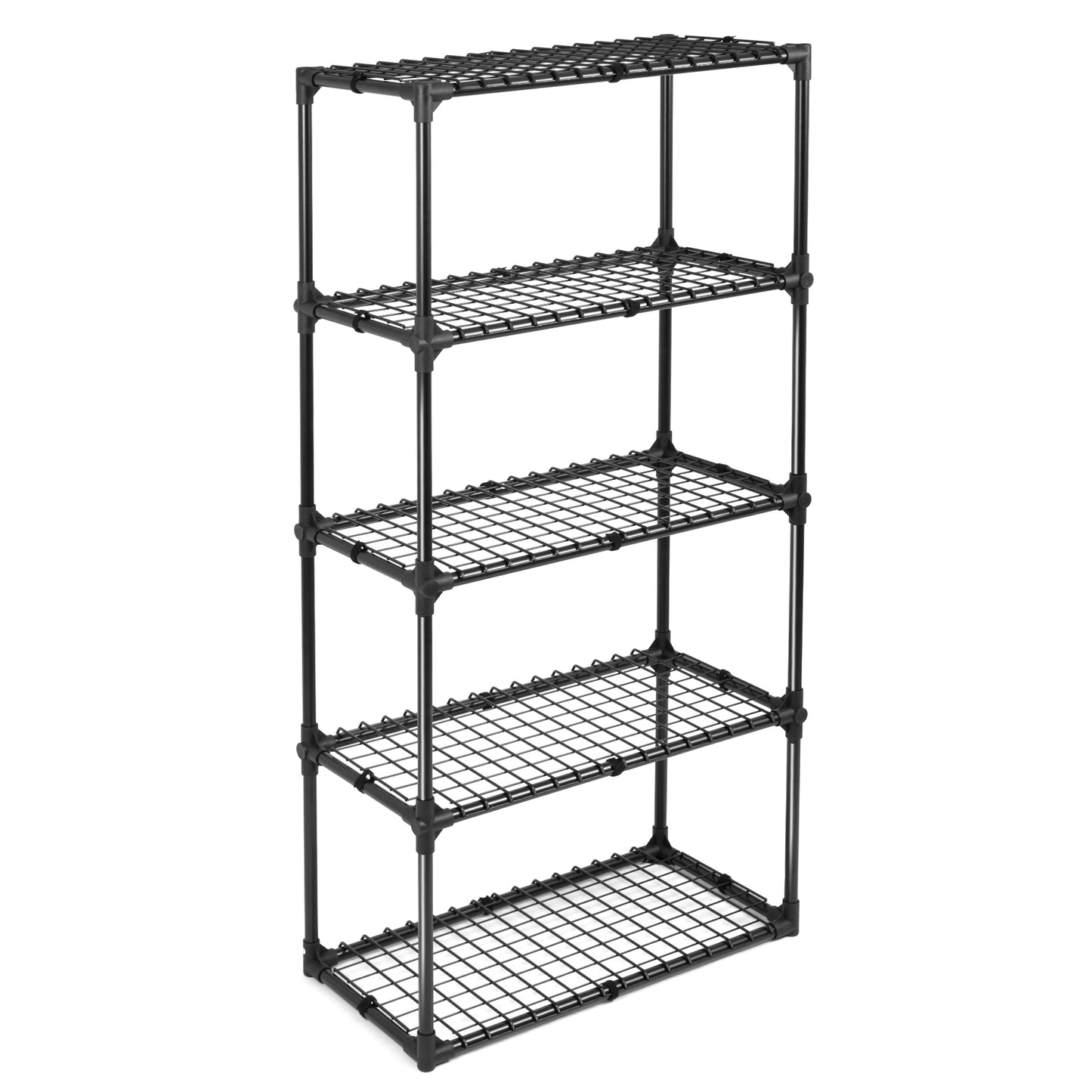 Black tier wire shelving unit with open grid shelves for home organization