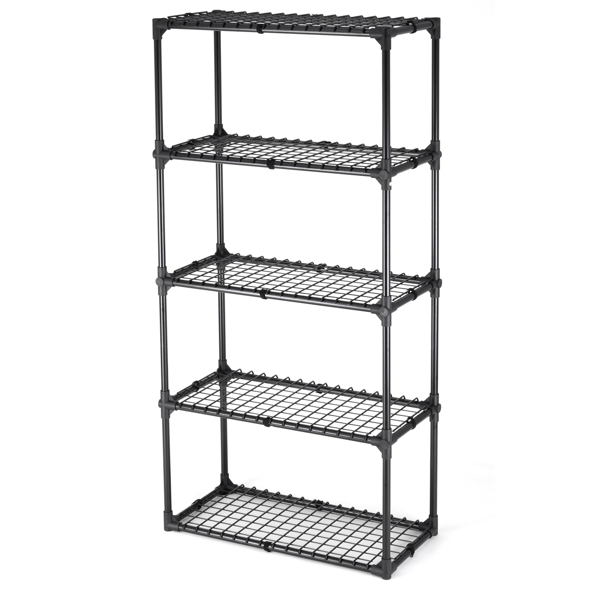 Black tier wire shelving unit with open grid shelves