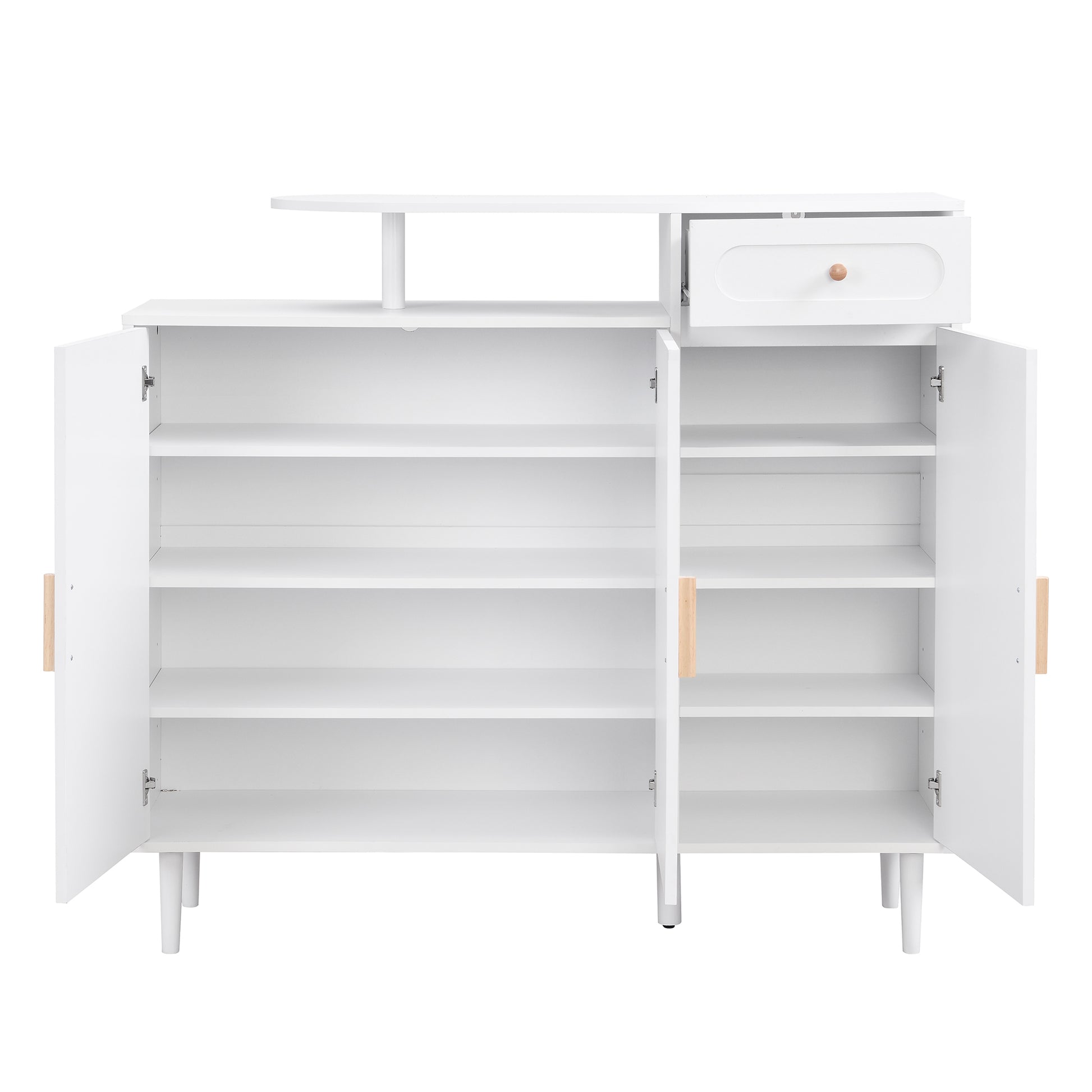 White modern shoe cabinet with open doors and adjustable shelves