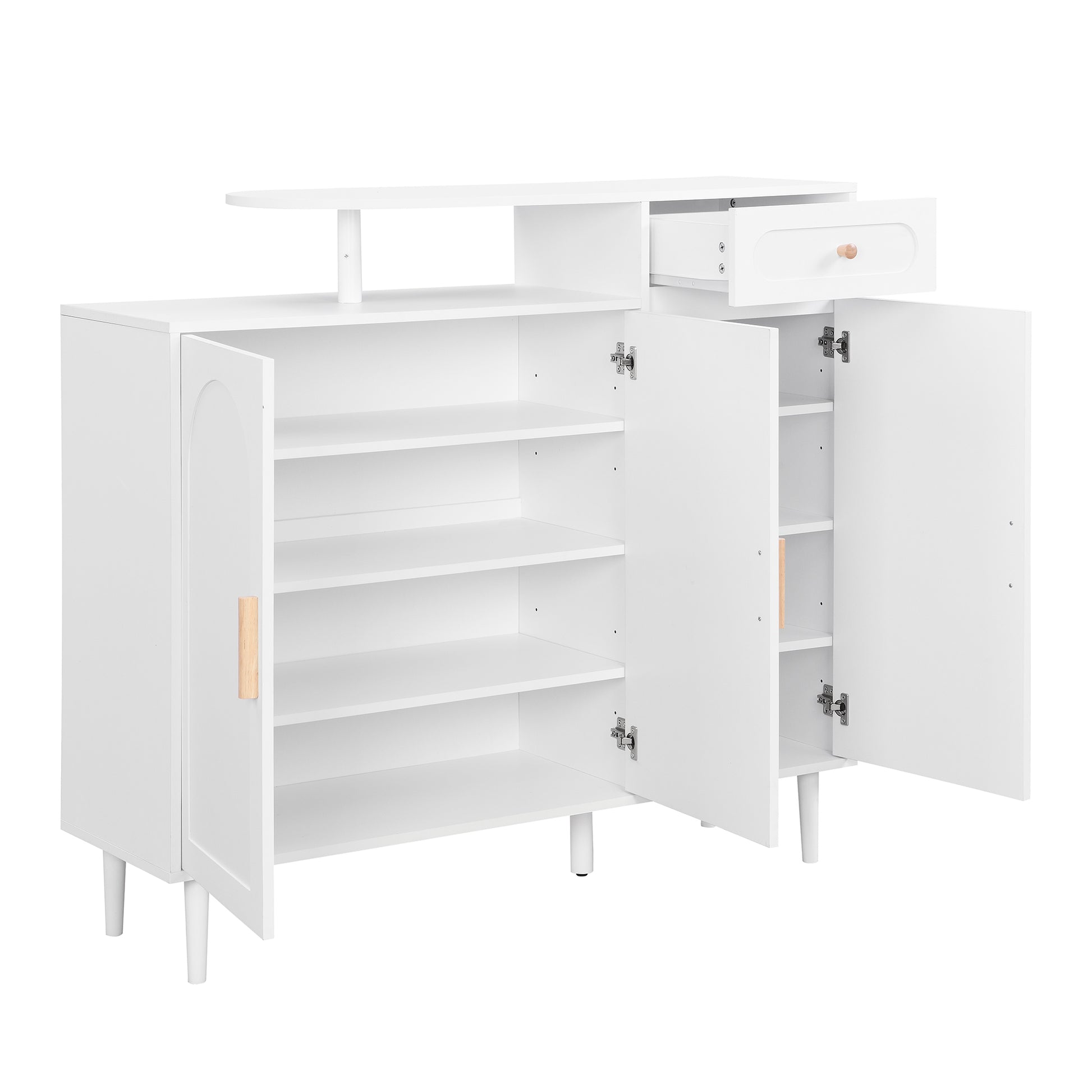 Modern white entryway storage cabinet with open shelves and a drawer