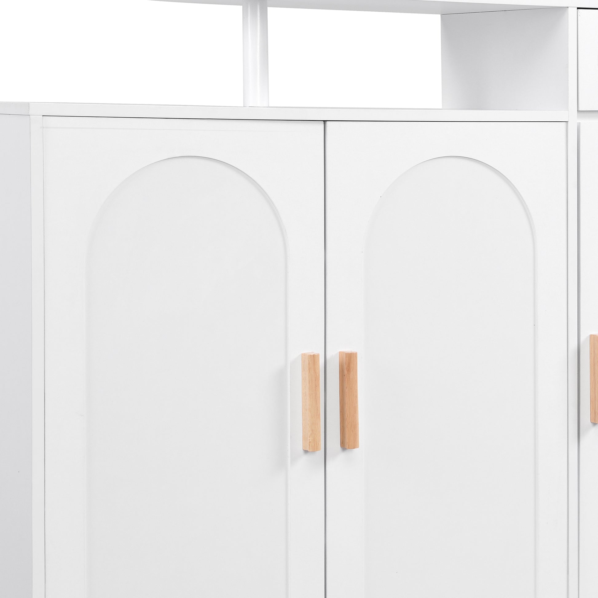 White modern cabinet with arched doors and wooden handles