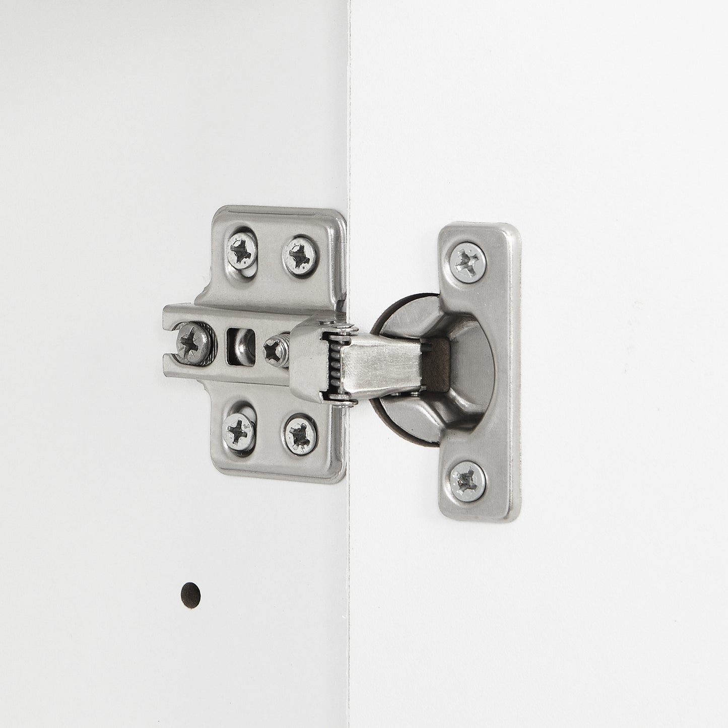 Metal cabinet hinge with integrated mounting screws for easy installation