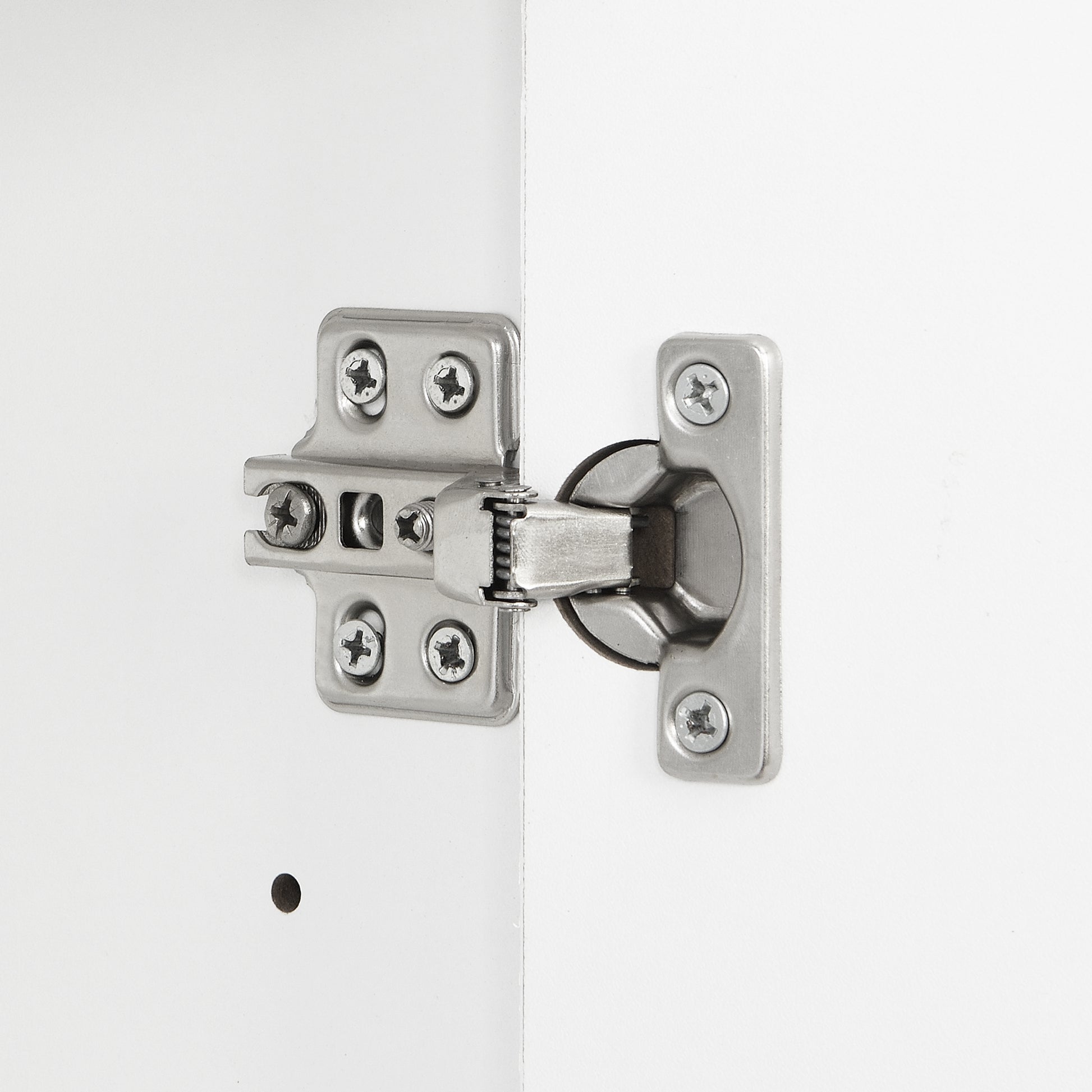 Metal cabinet hinge with integrated mounting screws for easy installation
