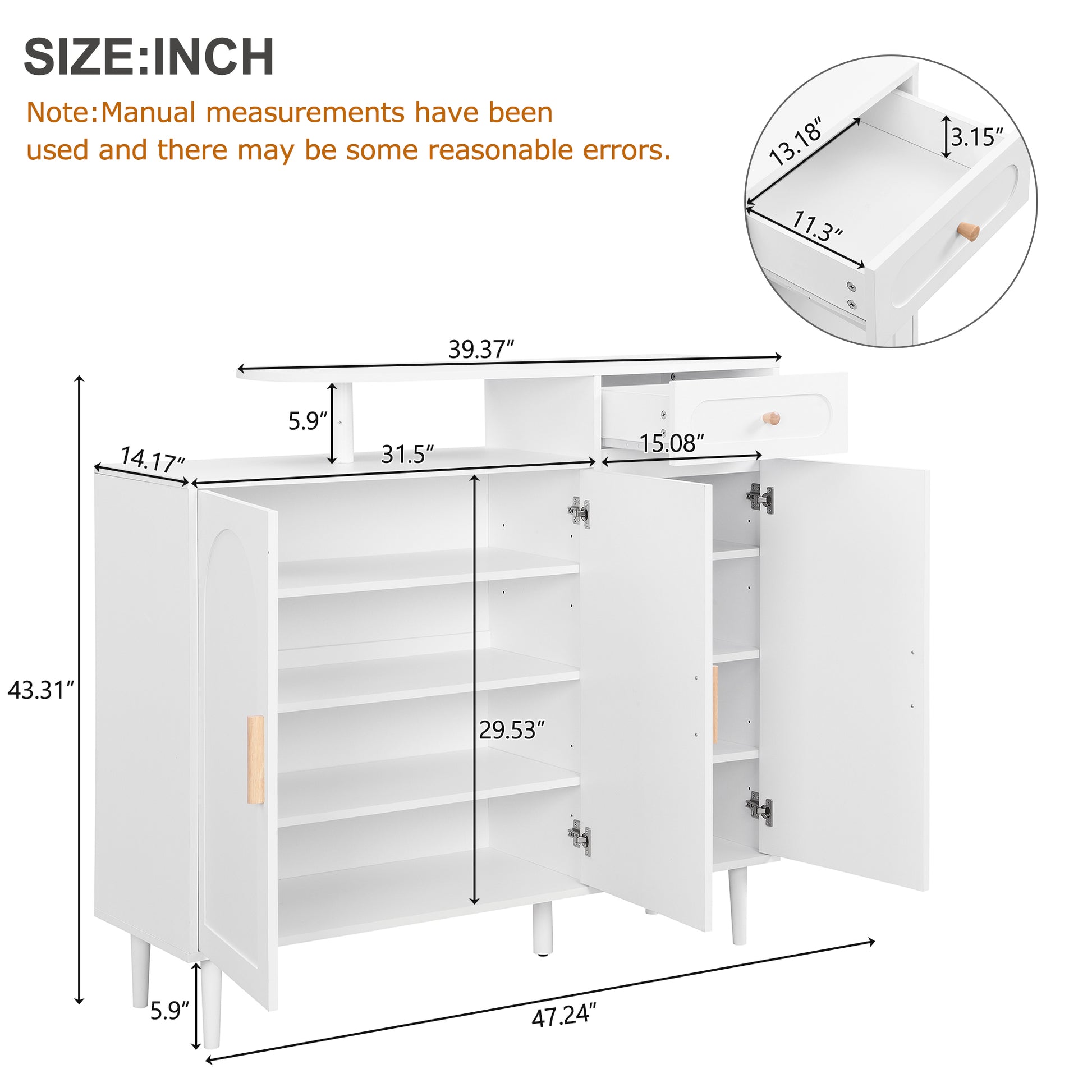 White modern cabinet with three doors one drawer and adjustable shelves for storage Dimensions provided