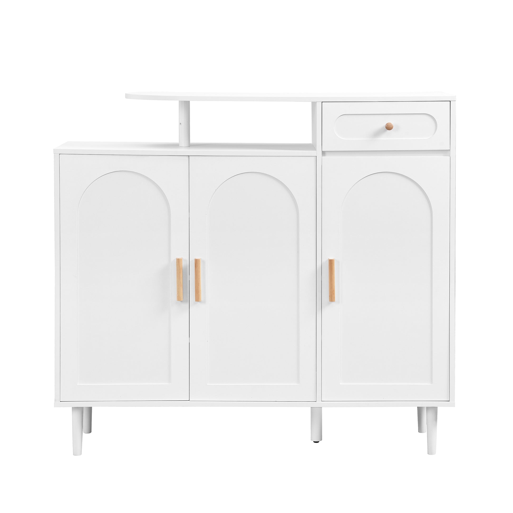 White arched door sideboard with natural wood handles and a top shelf