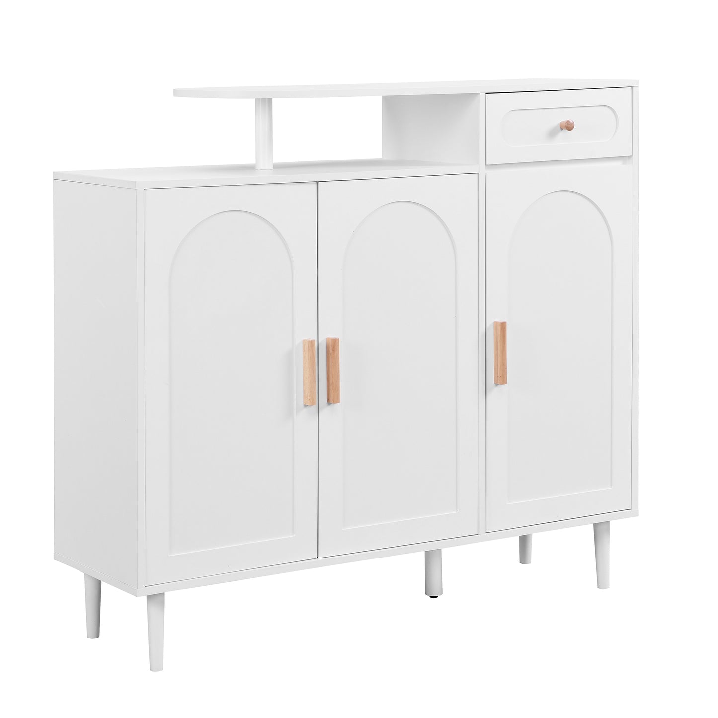 White arched door cabinet with wood handles and a single drawer