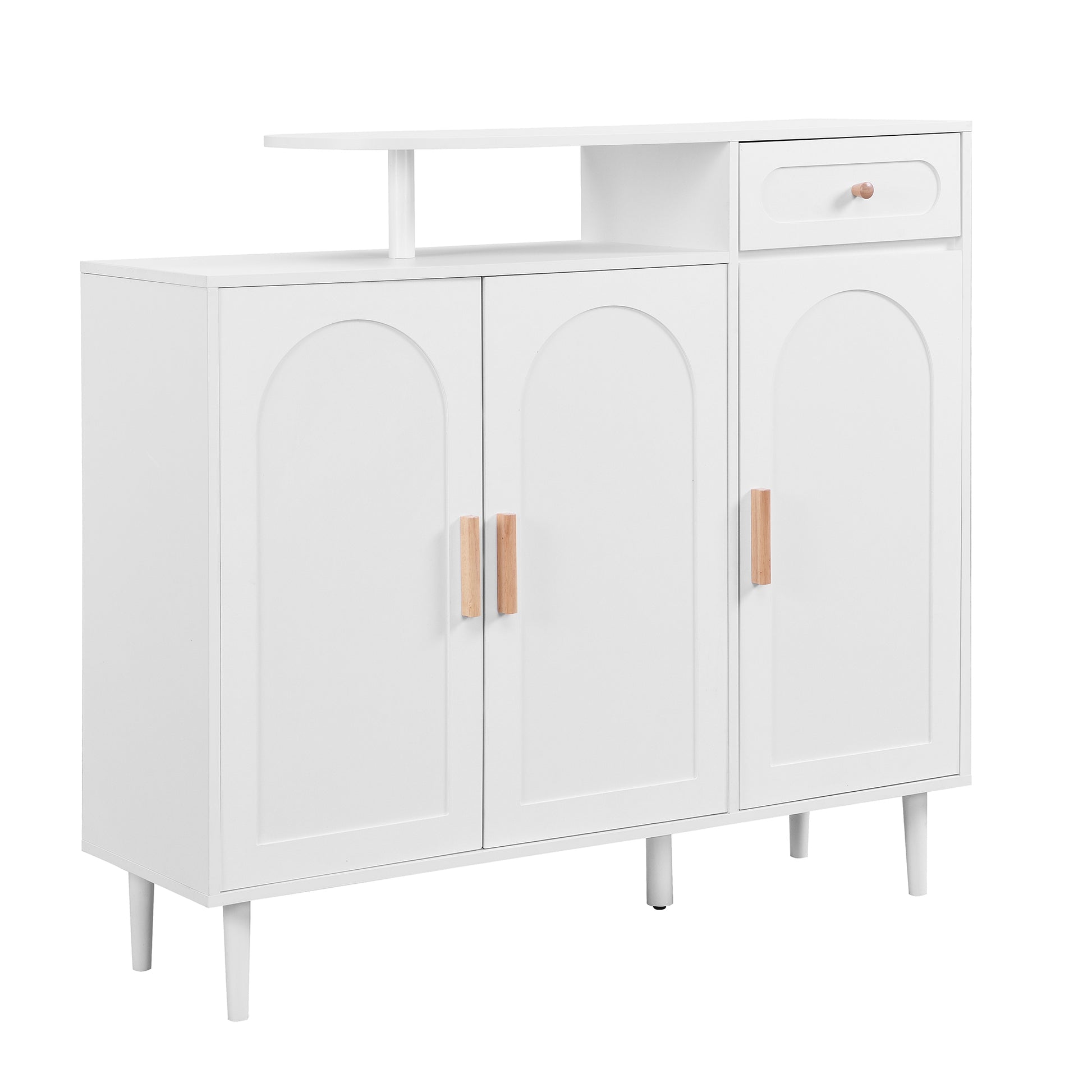 White arched door cabinet with wood handles and a single drawer