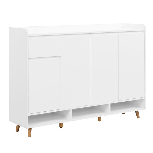 Modern white entryway cabinet with shoe storage shelves and one drawer