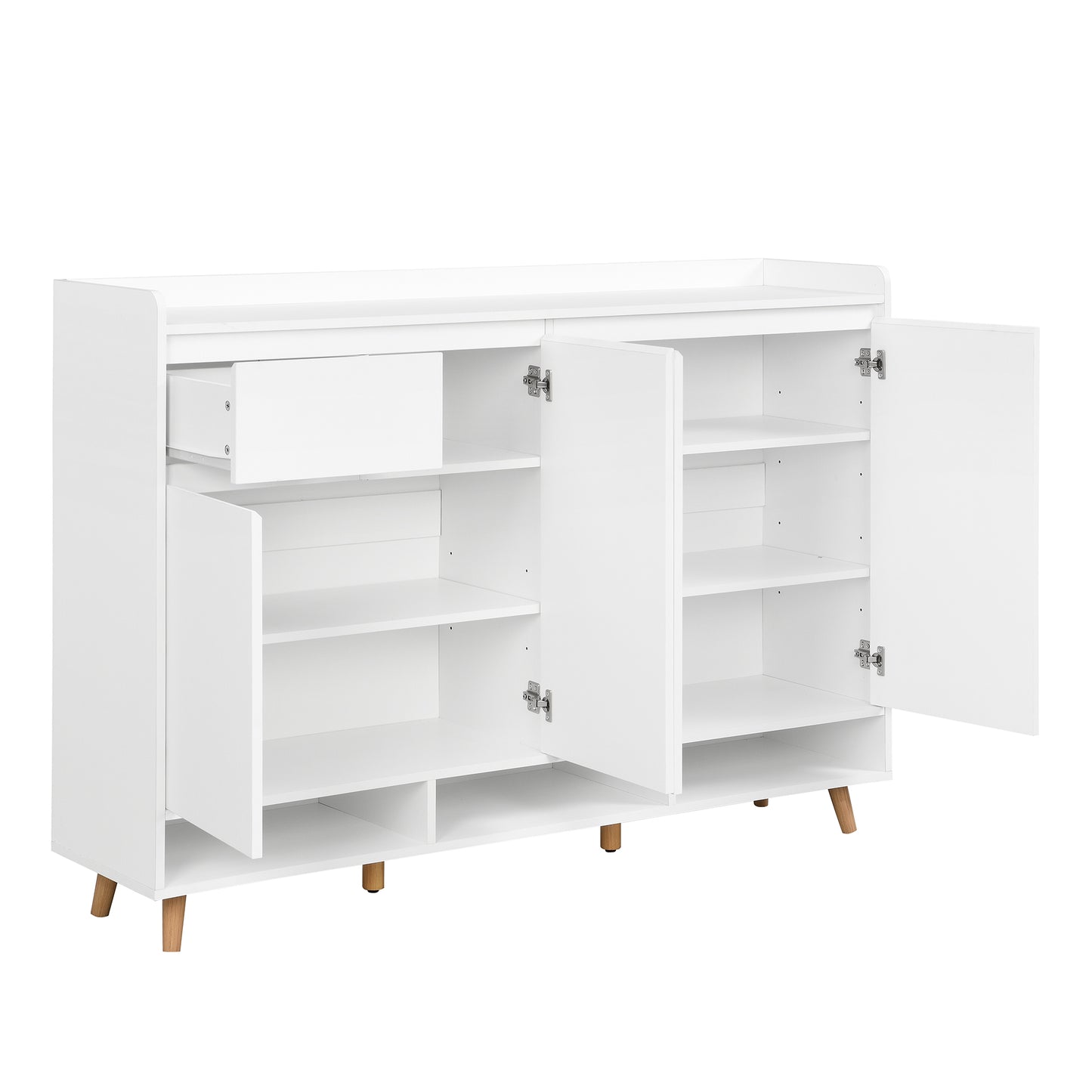 White modern shoe cabinet with open doors and one drawer