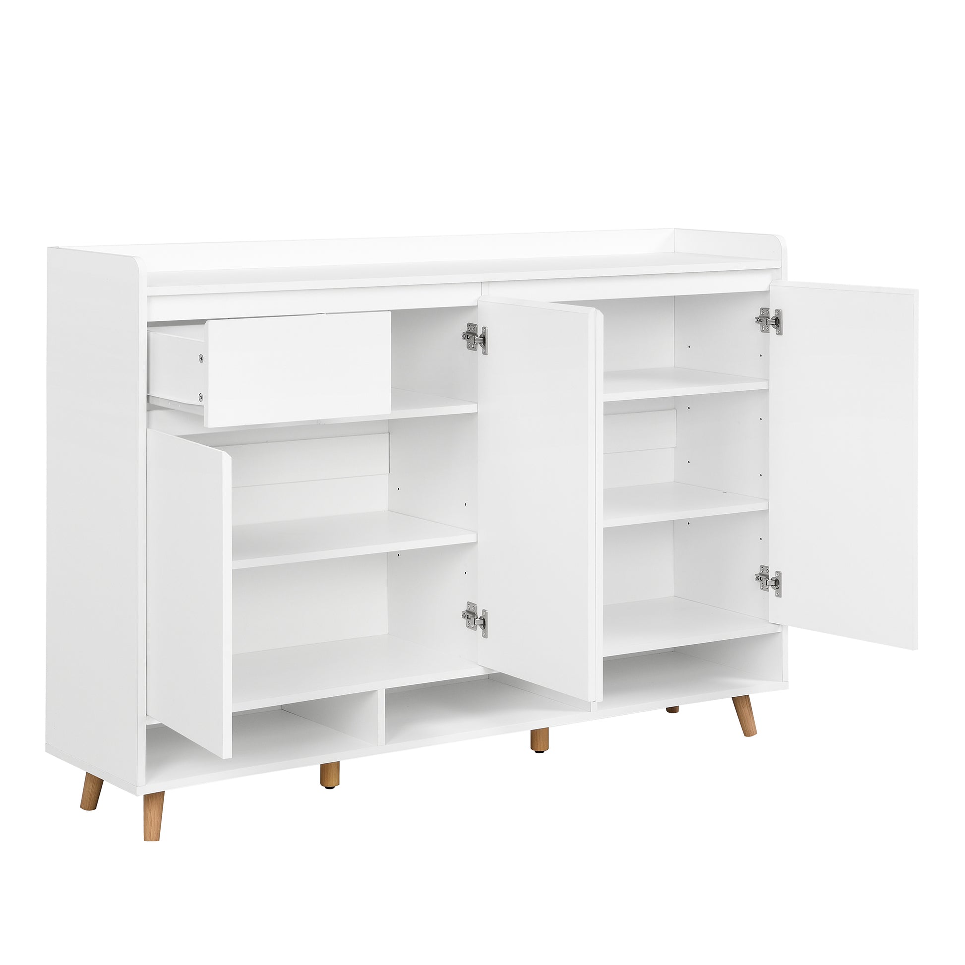 White modern shoe cabinet with open doors and one drawer