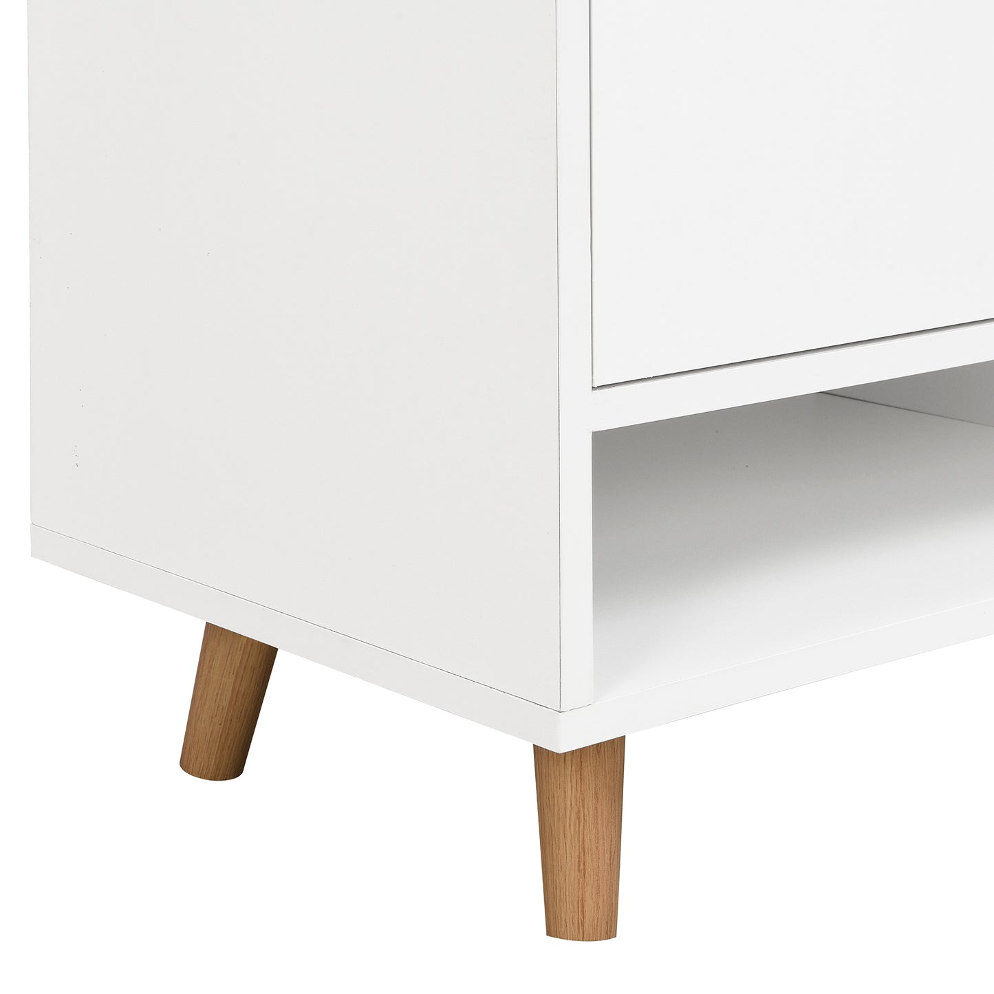 White entryway console with tapered wooden legs and one open shelf