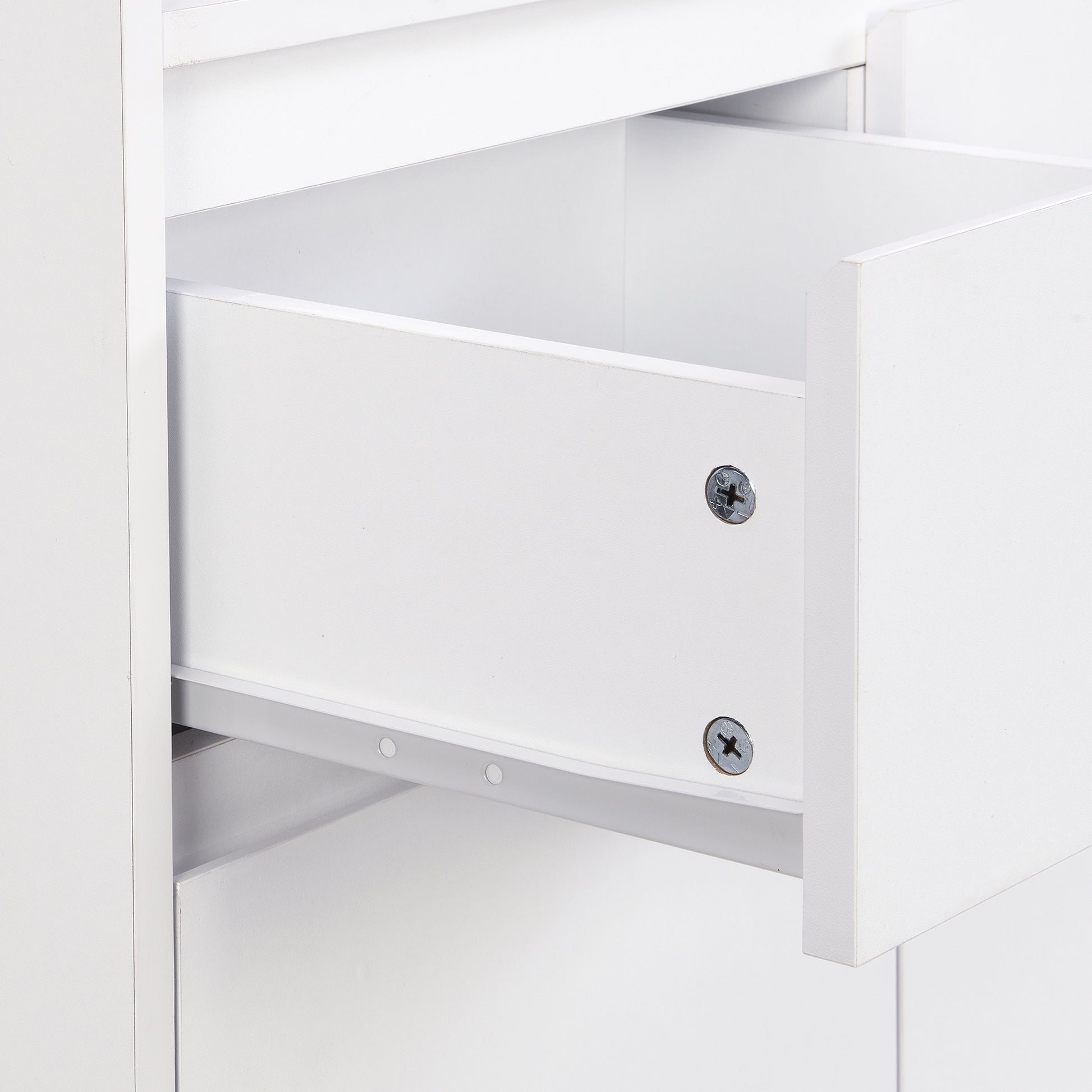 White wooden drawer with visible screws