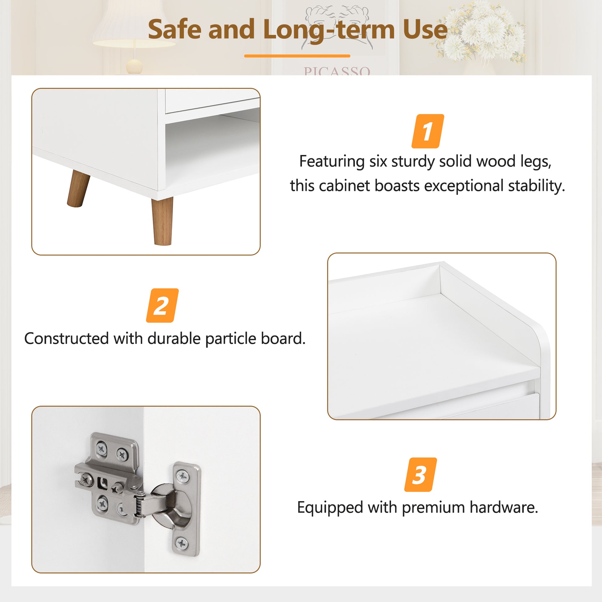 White media cabinet with six angled wooden legs for stability