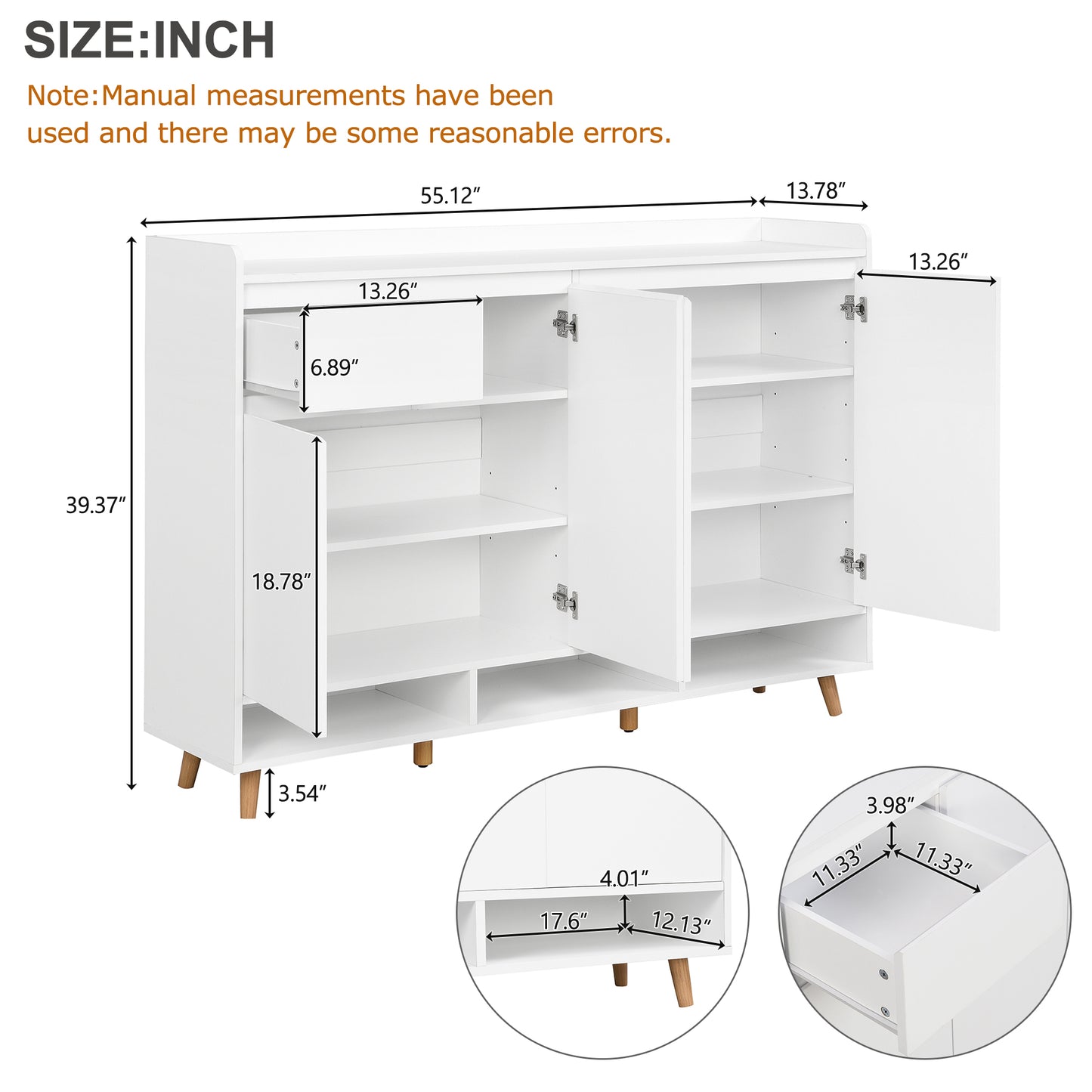 White wooden entryway cabinet with open shelves and closed doors