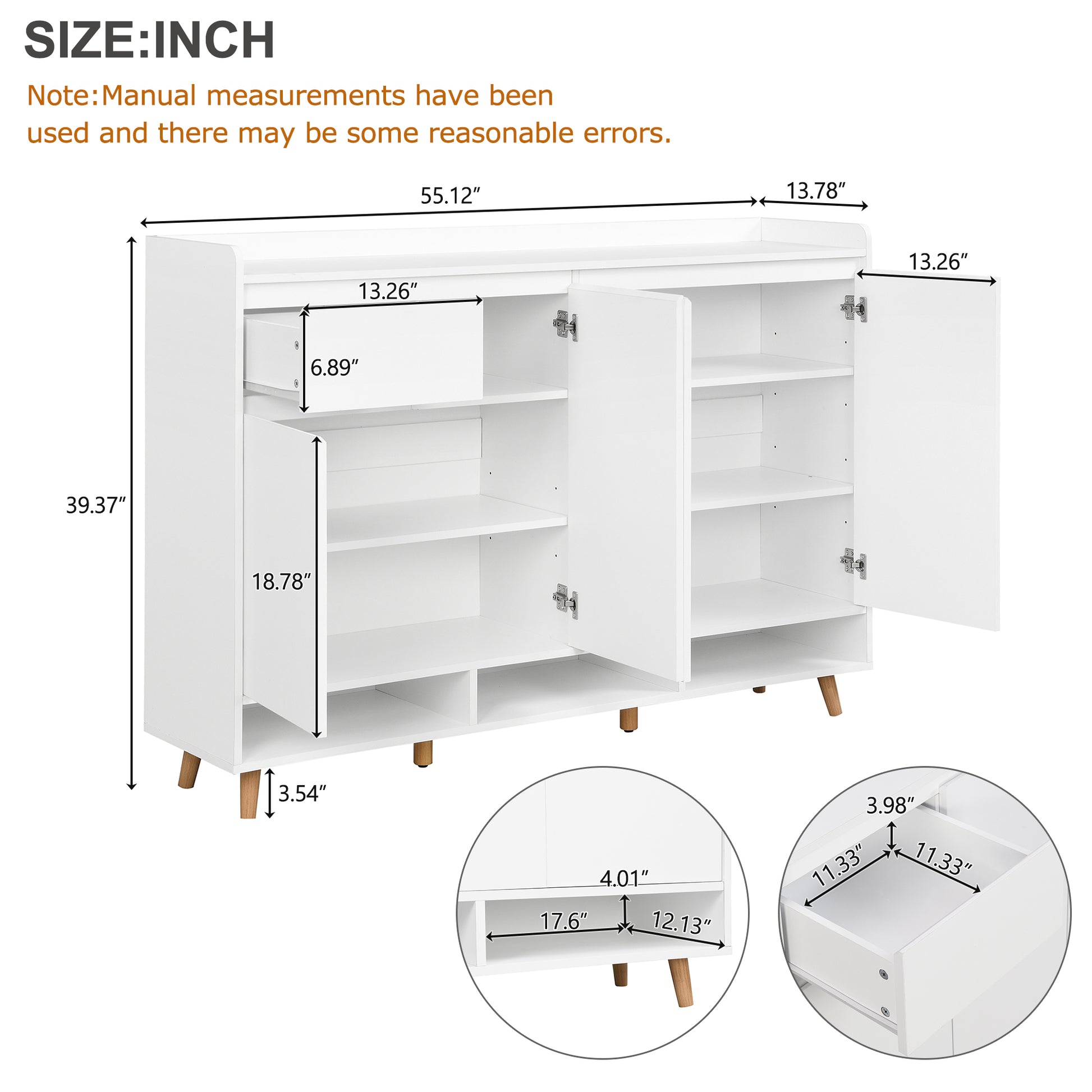 White wooden entryway cabinet with open shelves and closed doors