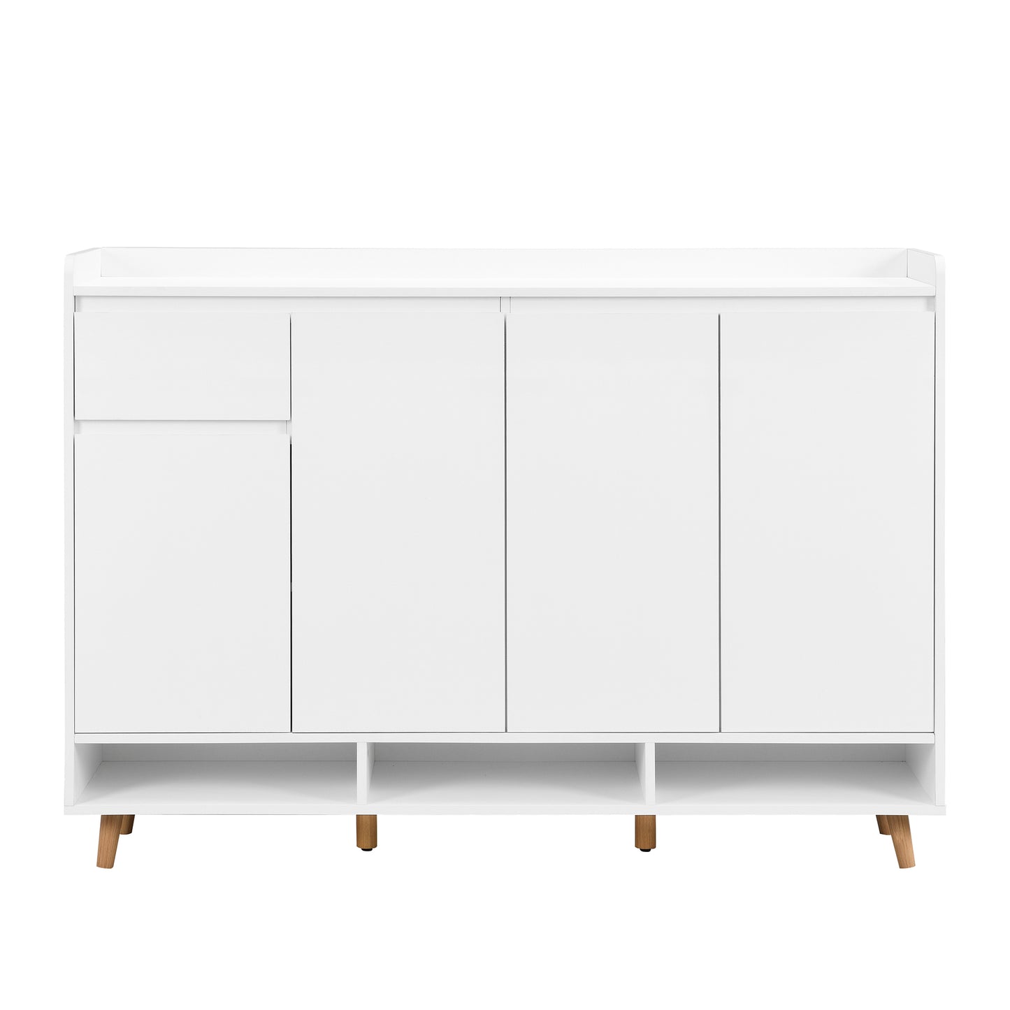 White modern console table with four doors and open shelving