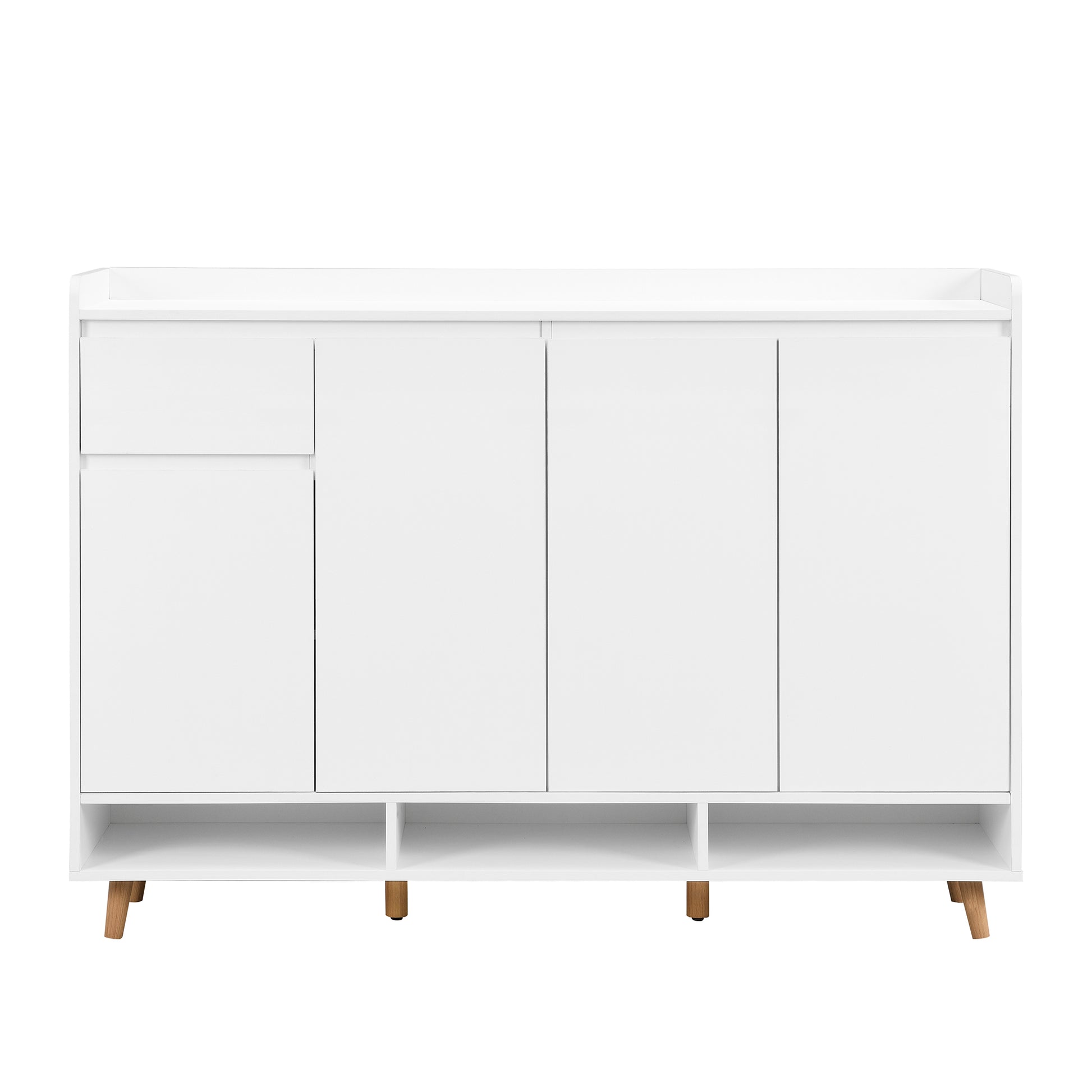 White modern console table with four doors and open shelving