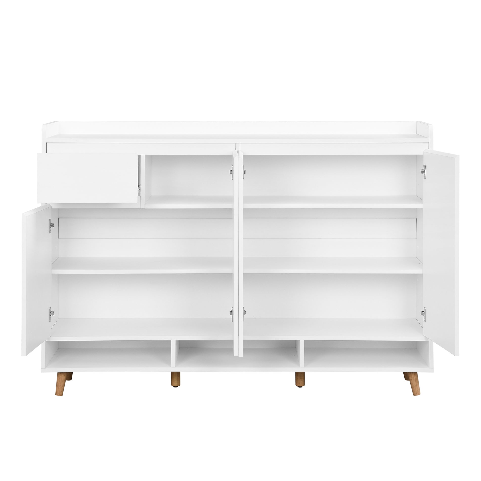 White modern storage cabinet with open doors and shelves