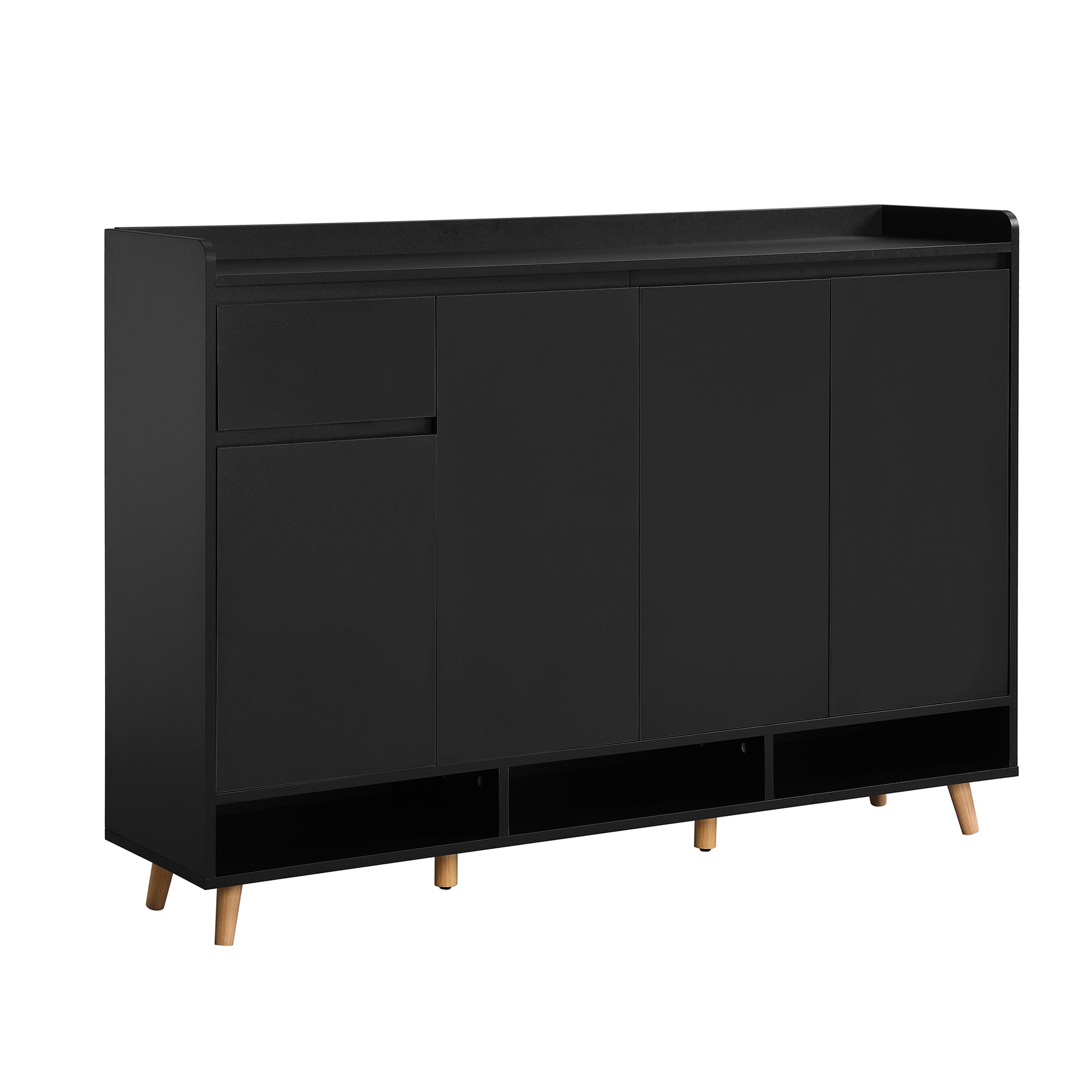 Black fourdoor sideboard with open shelving and tapered wooden legs