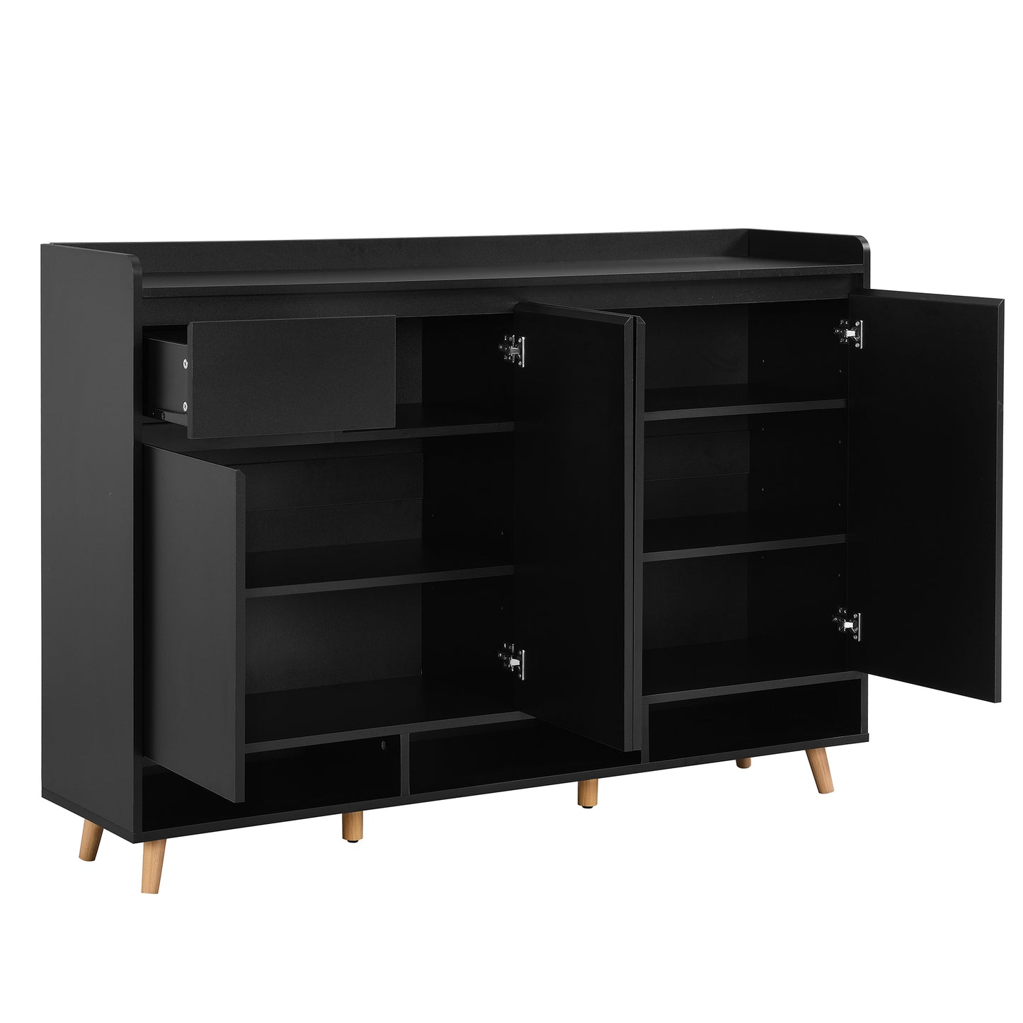 Black modern cabinet with open doors and drawer offering ample storage space