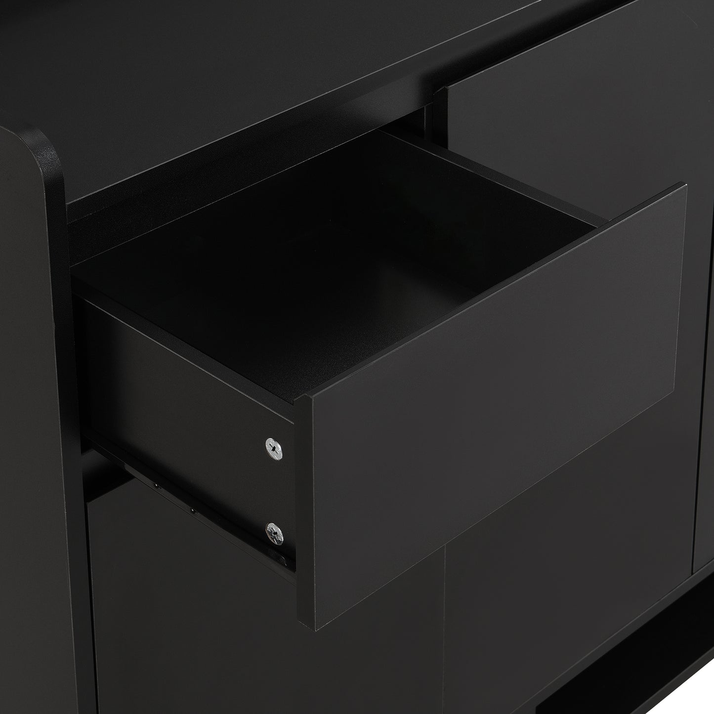 Sleek black modern dresser with a single open drawer and metal drawer glides