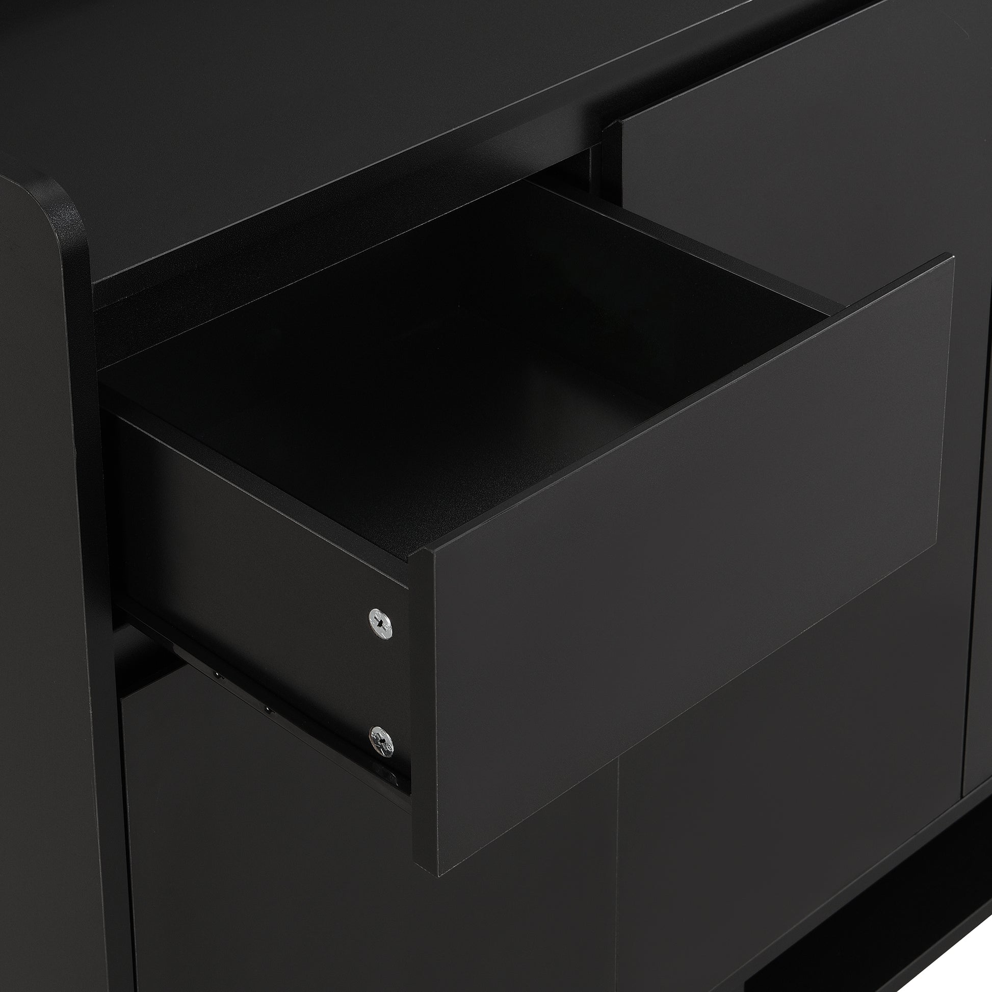 Sleek black modern dresser with a single open drawer and metal drawer glides