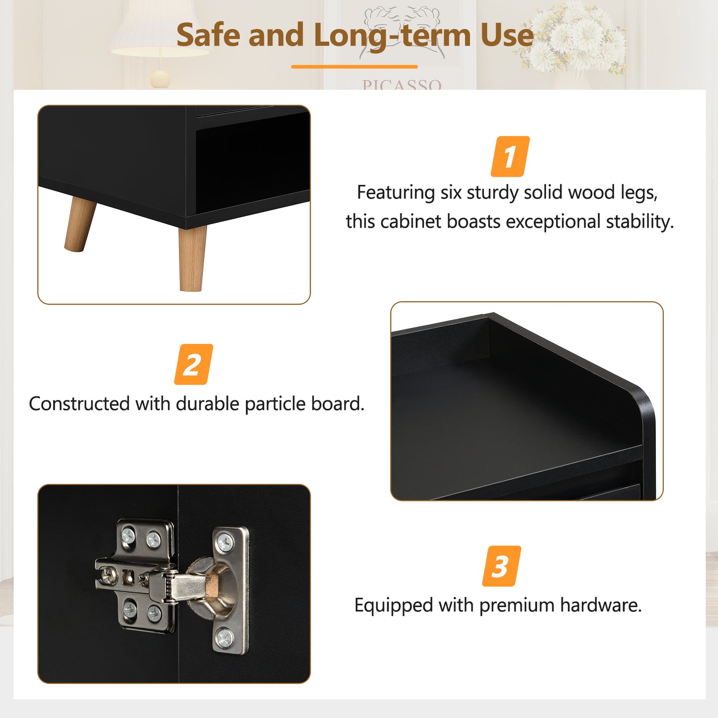 Black side table featuring six tapered wooden legs for stability