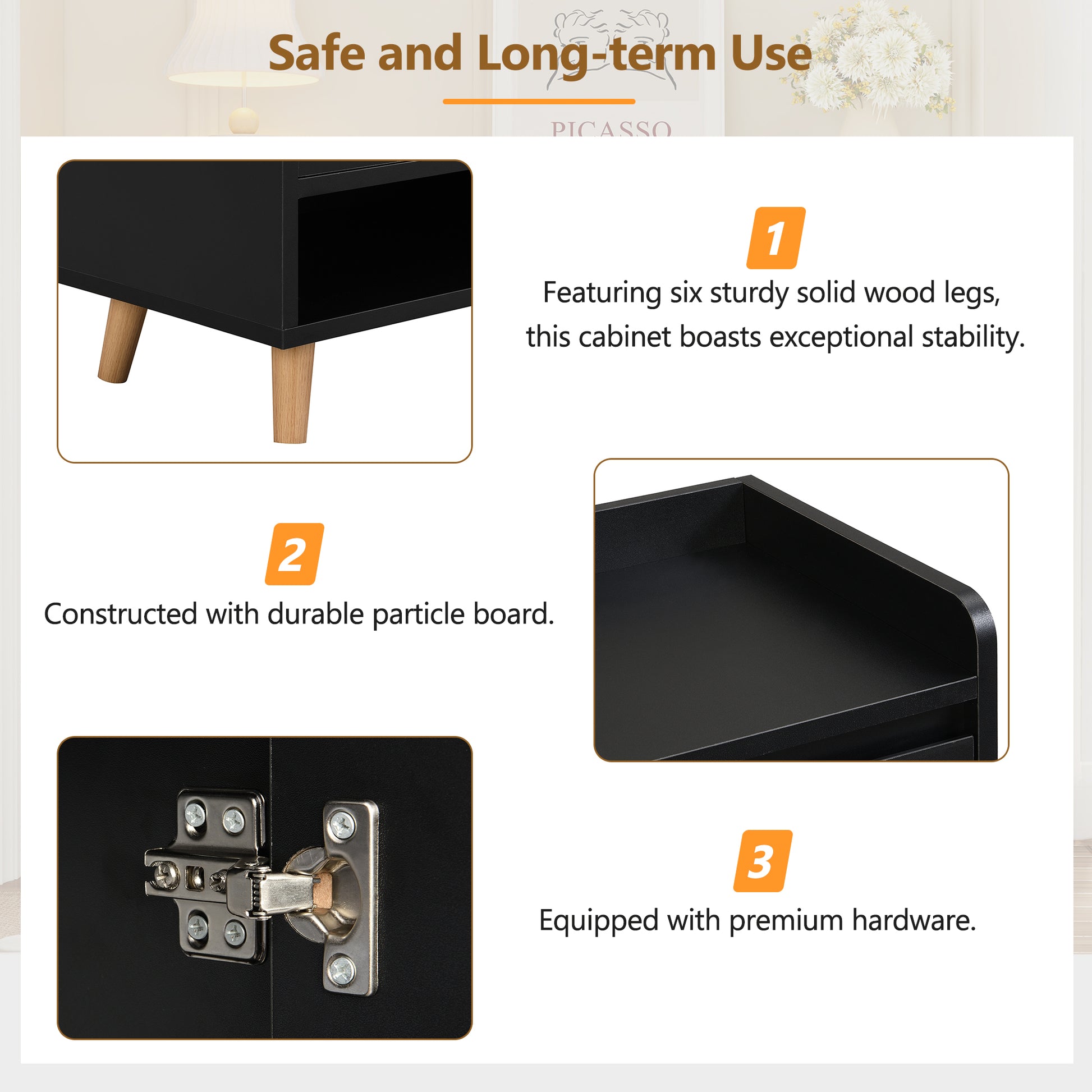 Black side table featuring six tapered wooden legs for stability