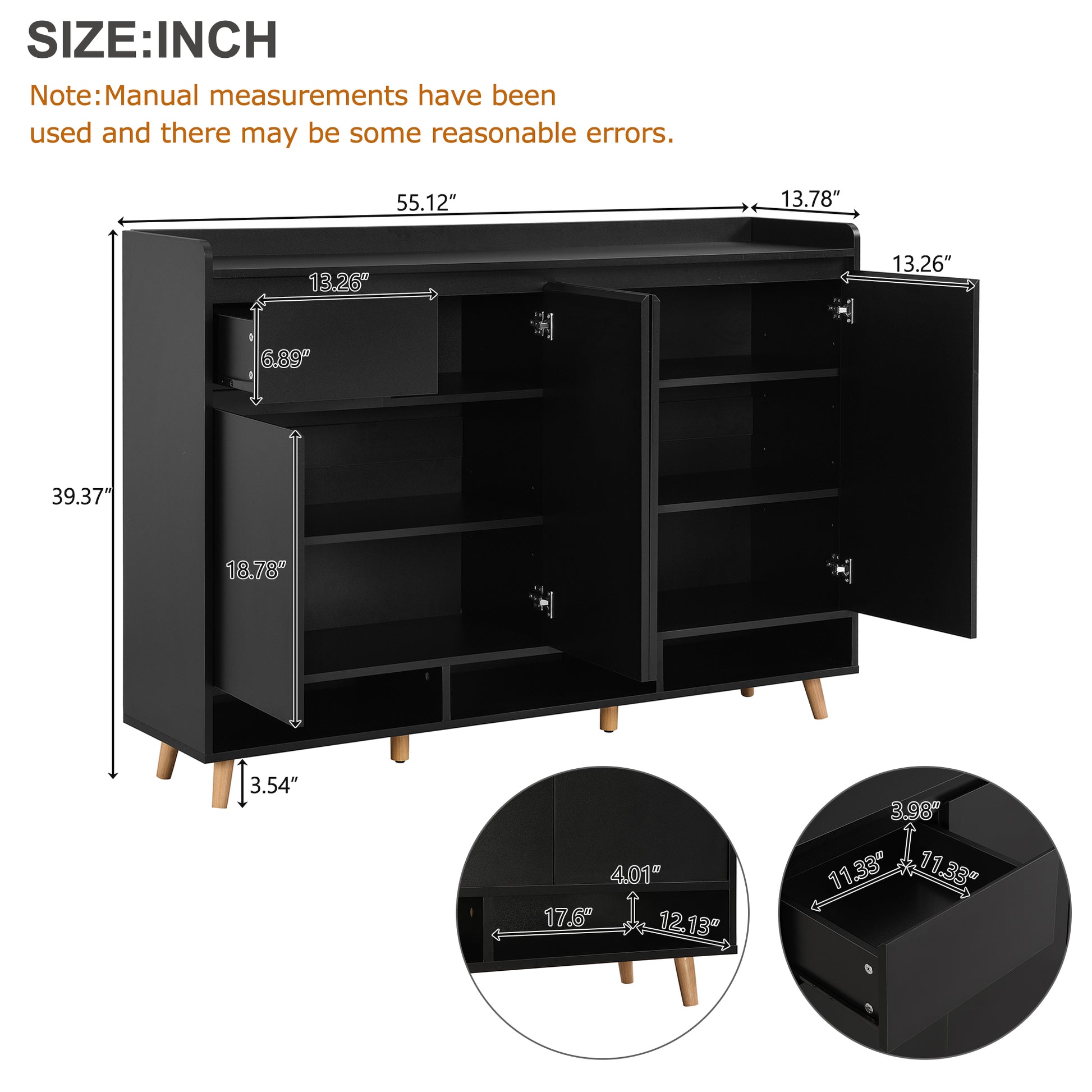 Black accent cabinet with three doors and interior shelving