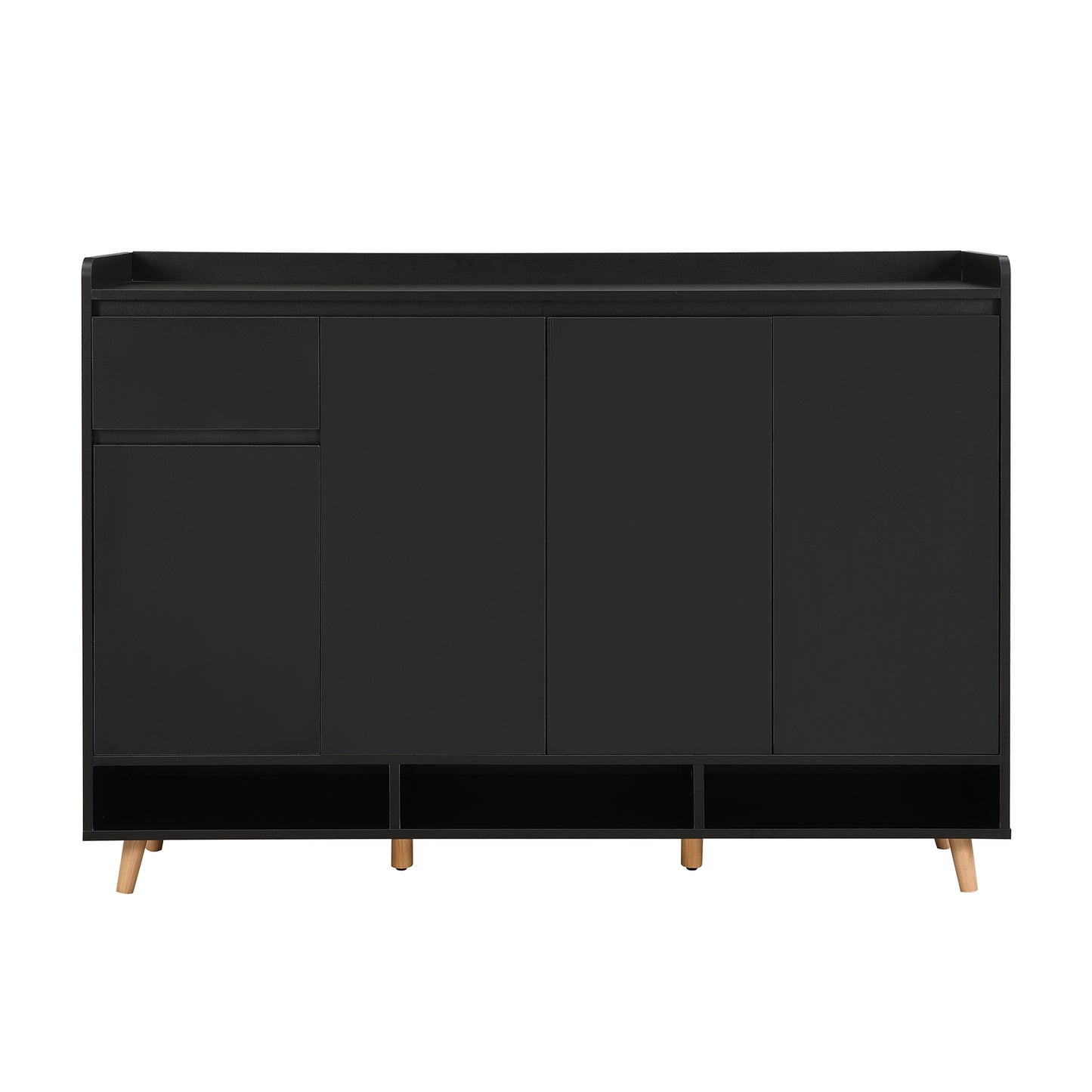 Black minimalist credenza with four doors and open shelving on tapered wooden legs