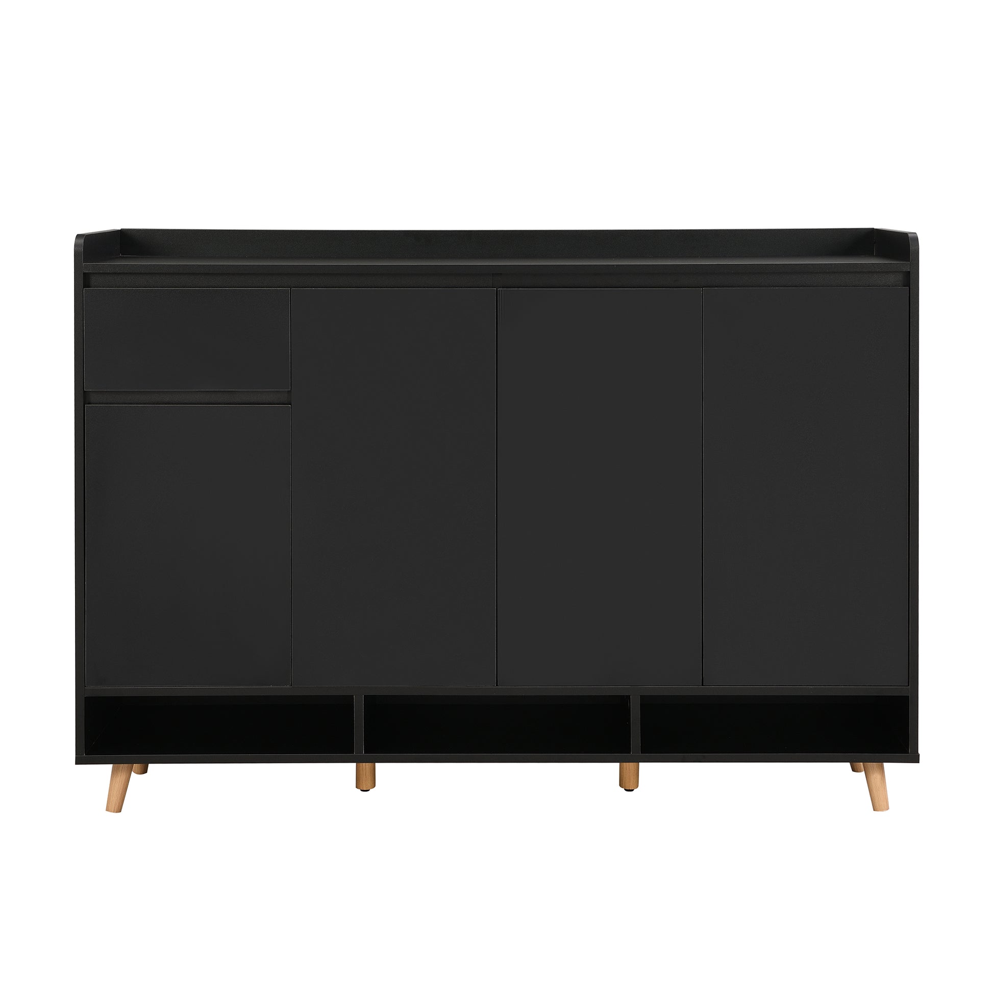Black minimalist credenza with four doors and open shelving on tapered wooden legs
