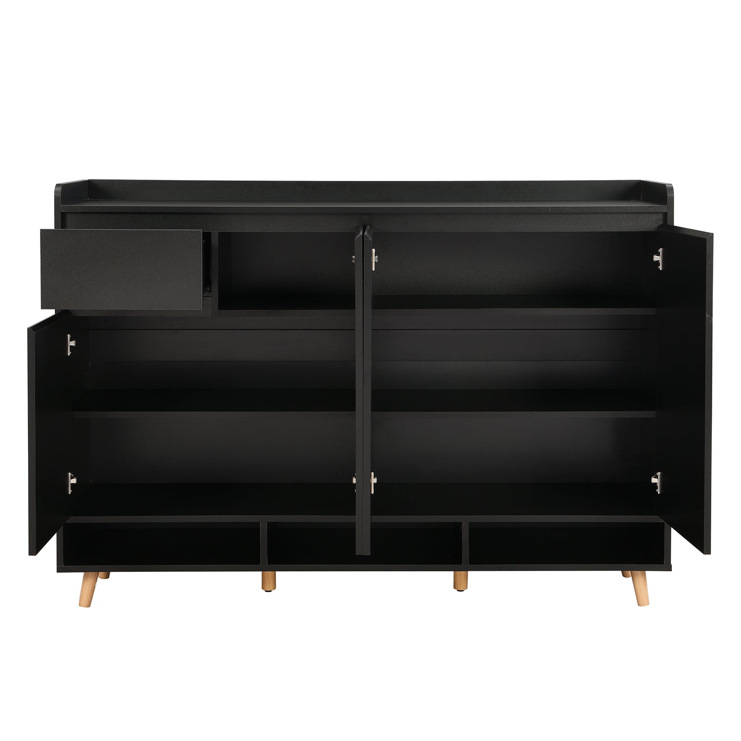 Black modern entryway bench with open compartments