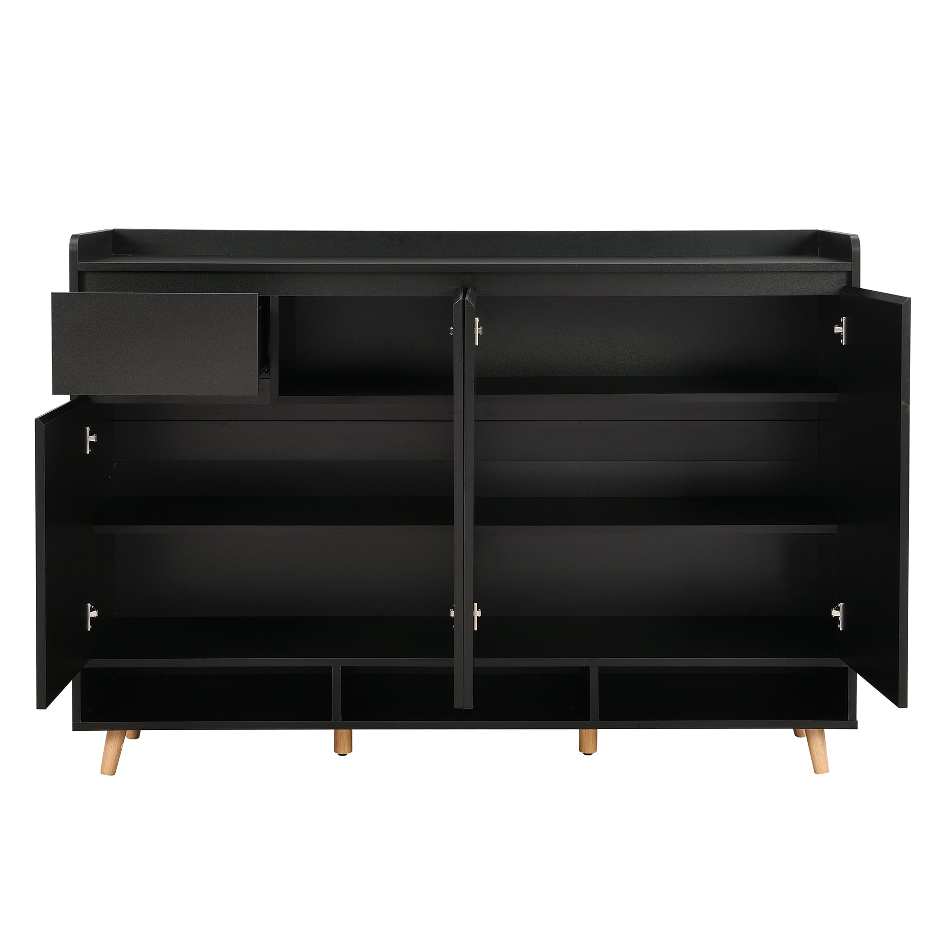 Black modern entryway bench with open compartments
