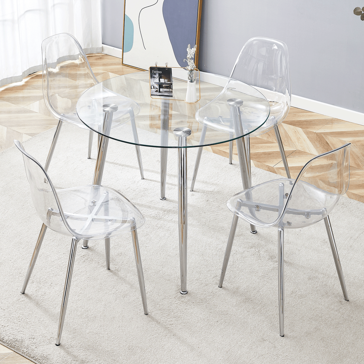 Clear acrylic dining chairs with chrome legs