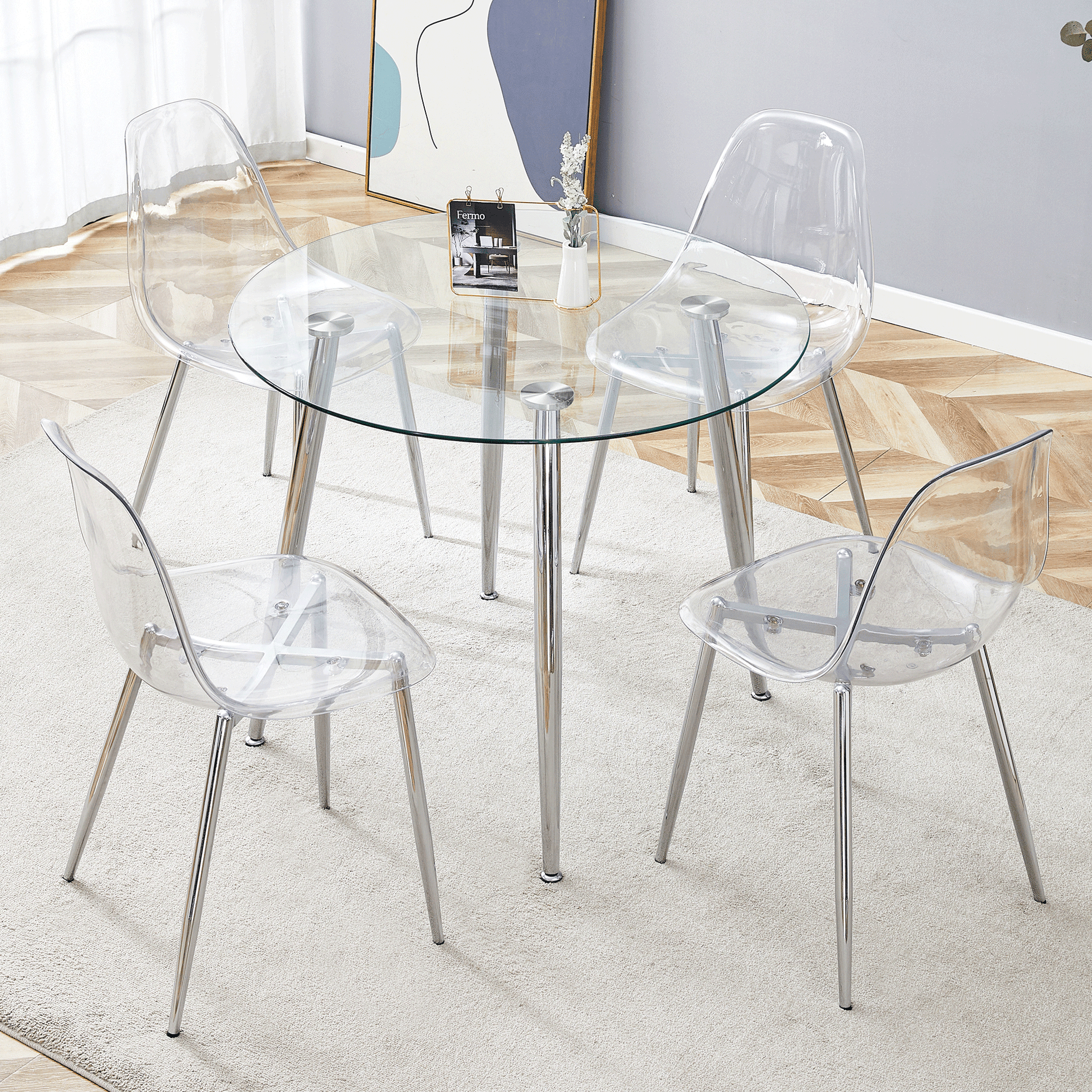 Clear acrylic dining chairs with chrome legs
