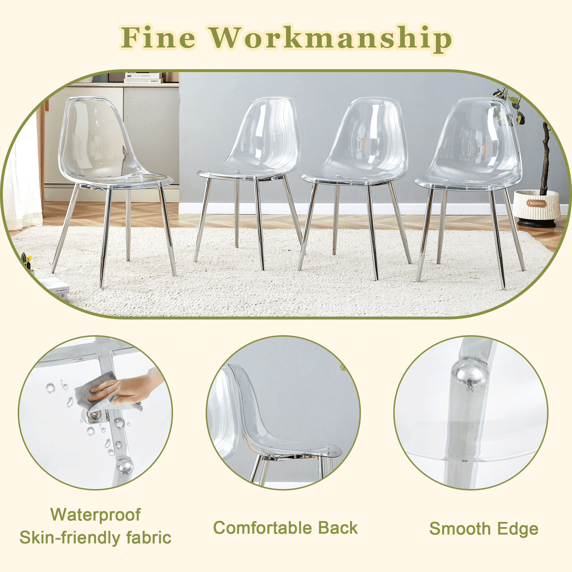 Four clear acrylic ghost chairs with chrome legs