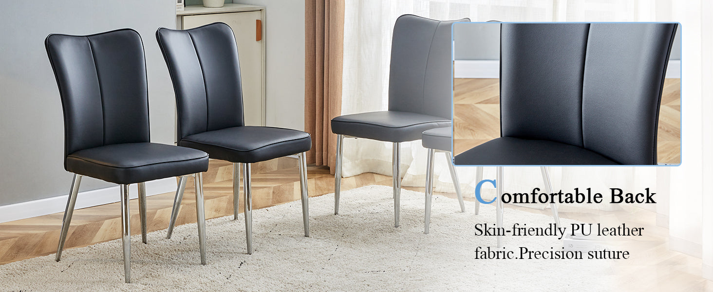 Black PU leather dining chairs with silver metal legs