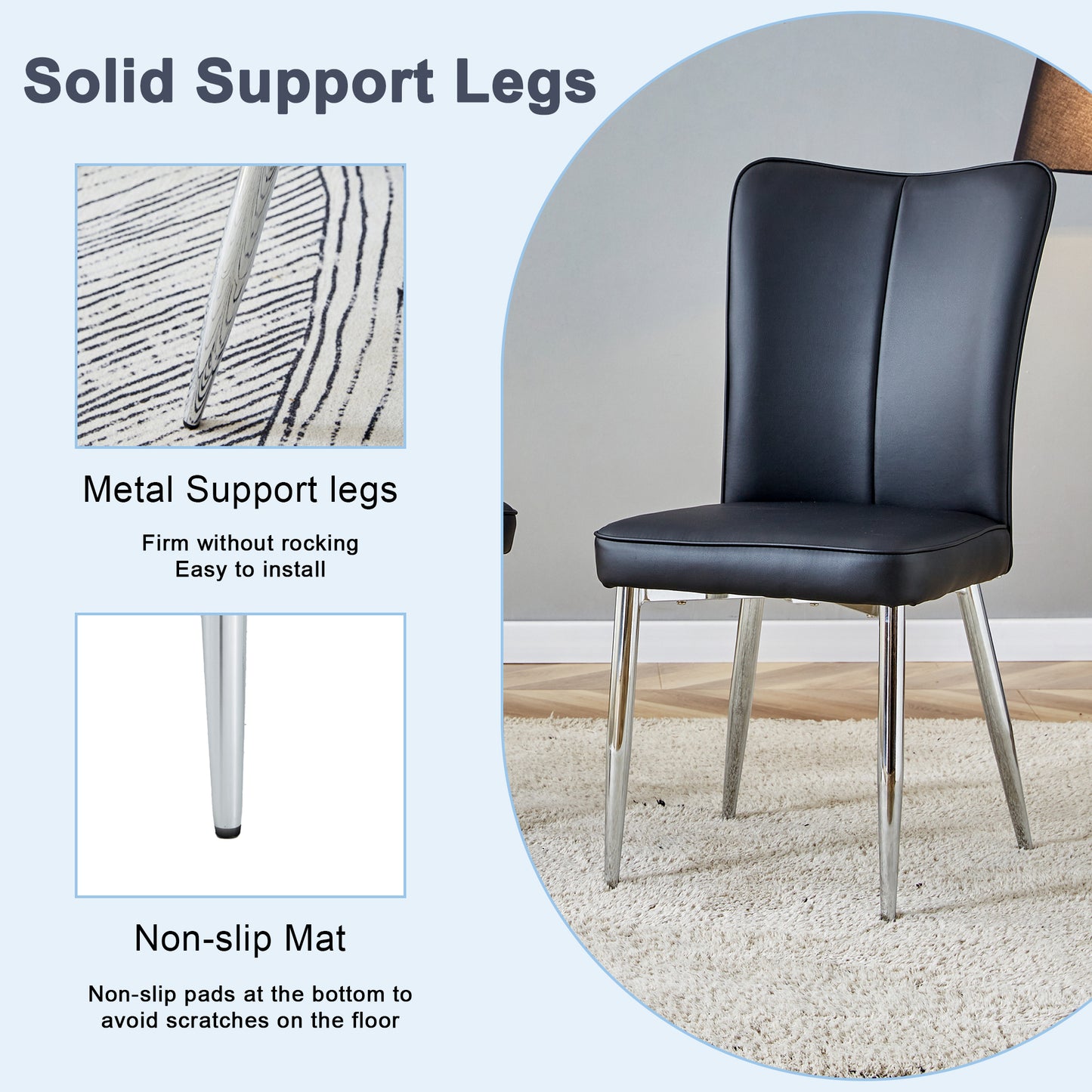 Black faux leather dining chair with polished metal legs
