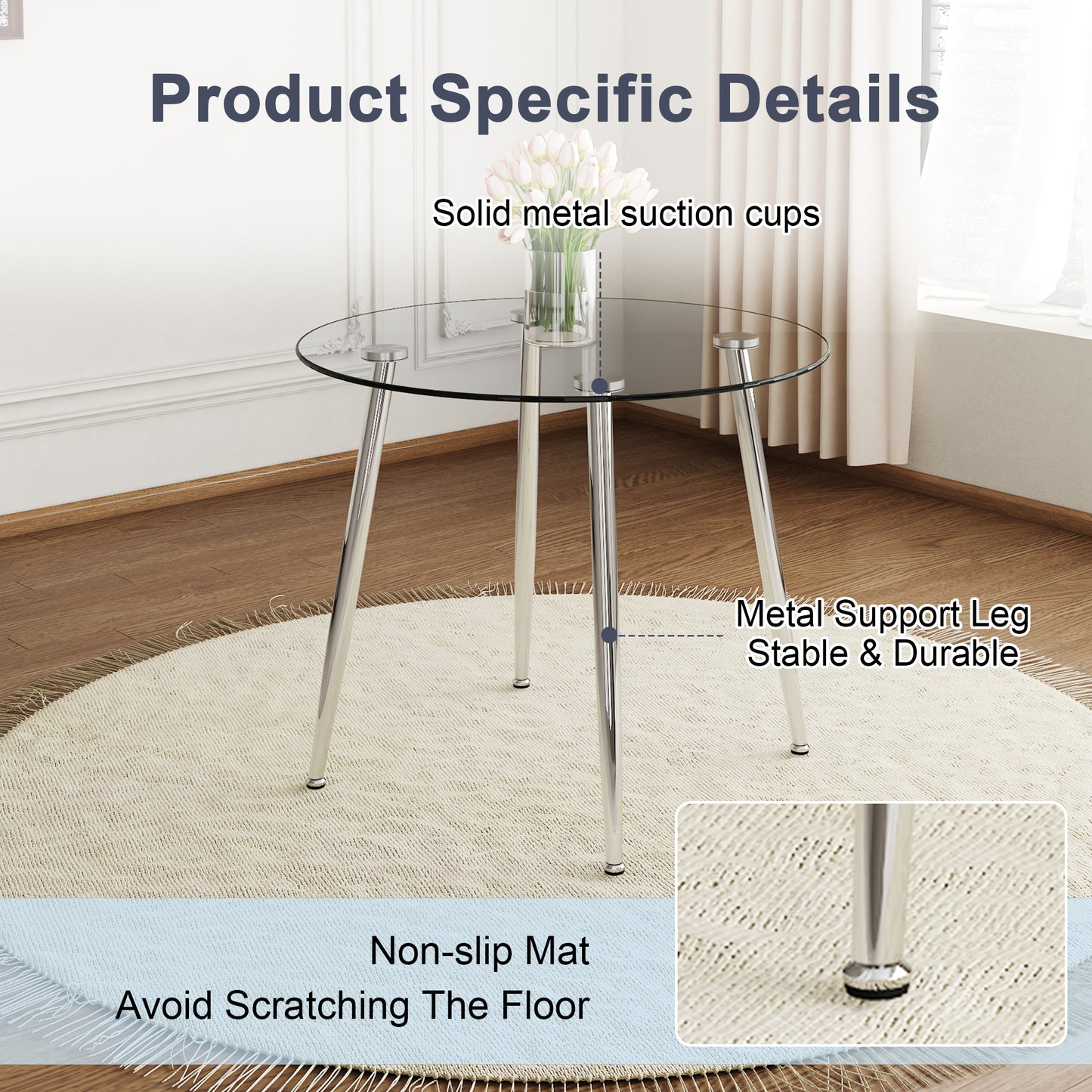 Round glass dining table with chrome metal legs